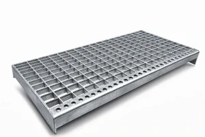 Pozinkovaný kovový rošt na schody, 800 x 240 x 70 mm, upínacie bočnice + nášľapná hrana, nosná páska 30 x 2 mm, stredovo oko 34x38mm