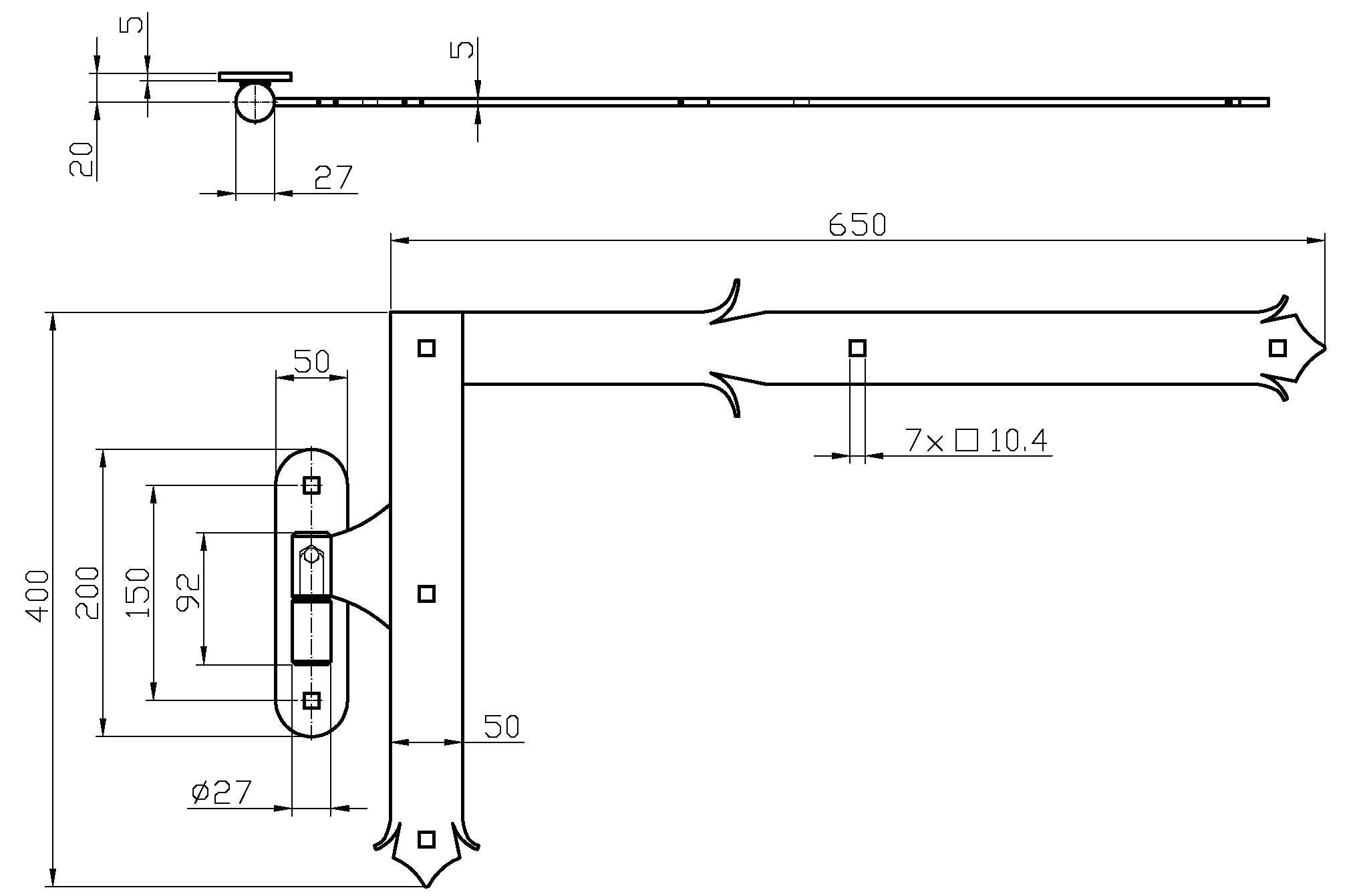 Horné kovanie 400 x 650 mm s čapom, čierny lak, obojstranný