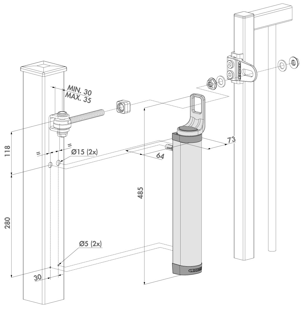 Hydraulický zatvárač 180°, montáž na pánty, M16 a M20 Locinox farba 9005