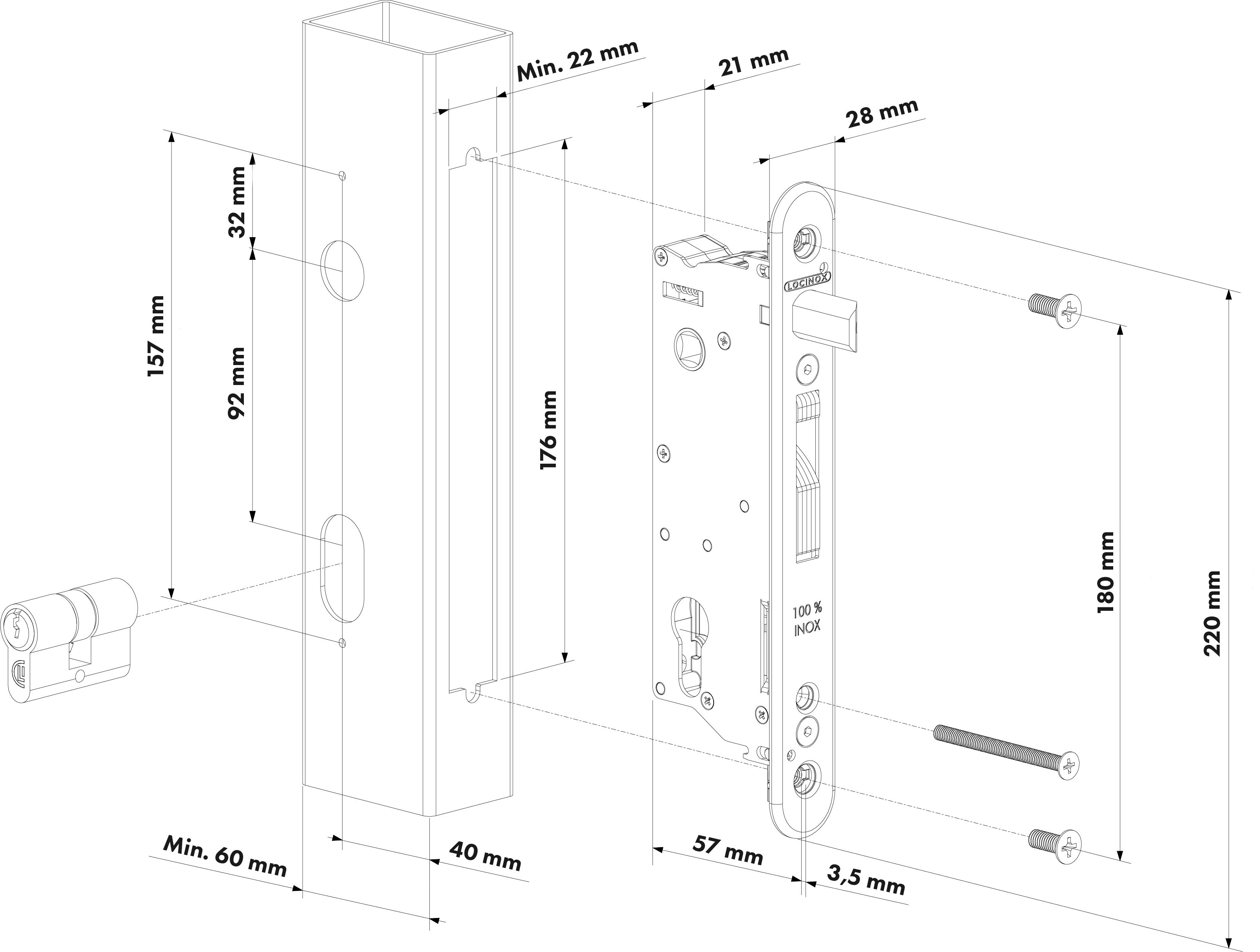 Zadlabávací zámok pre krídlové bránky, rozteč 92 mm