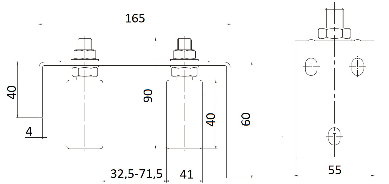 Horné vedenie brány 165 x 90 x 55 mm, šírka 32,5 - 71,5 mm