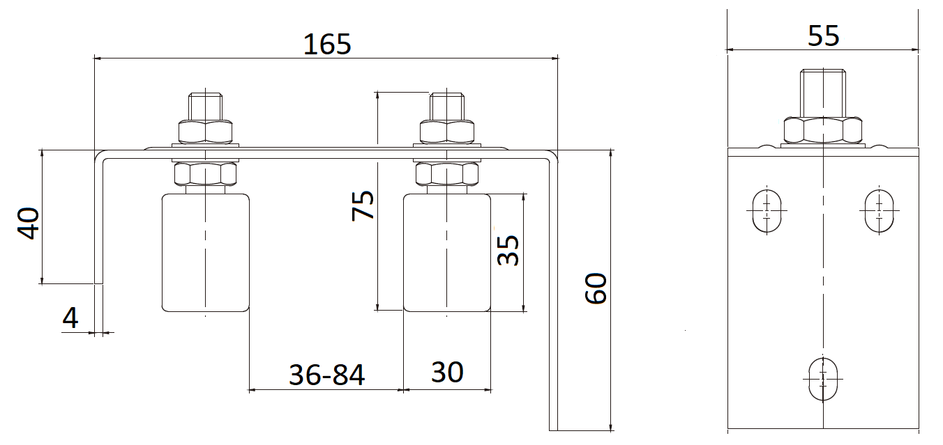 Horné vedenie brány 165 x 75 x 55 mm, šírka 36 - 84 mm