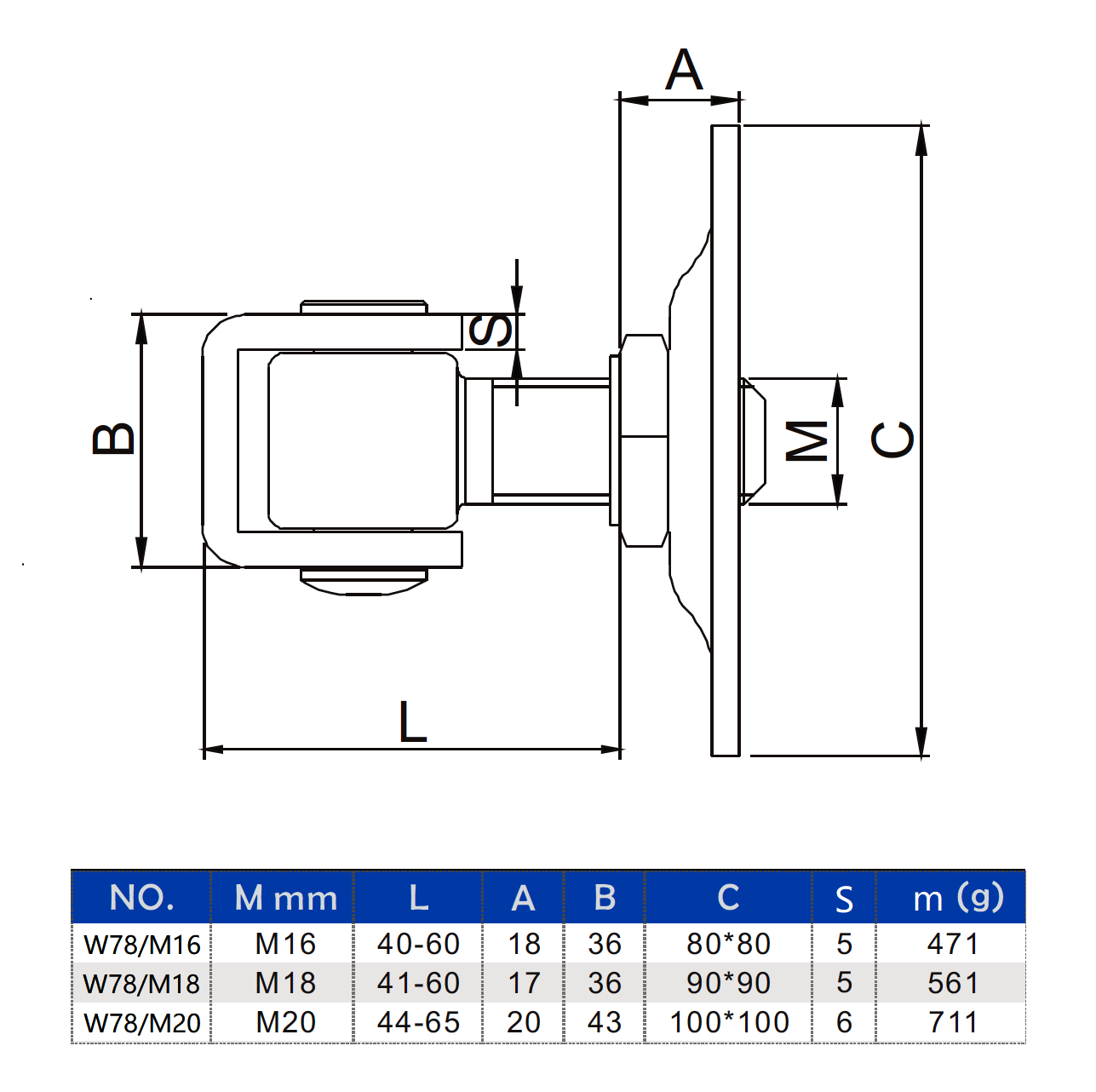 Záves M18 s platňou 90 x 90 mm, nastaviteľný 1D, pozink
