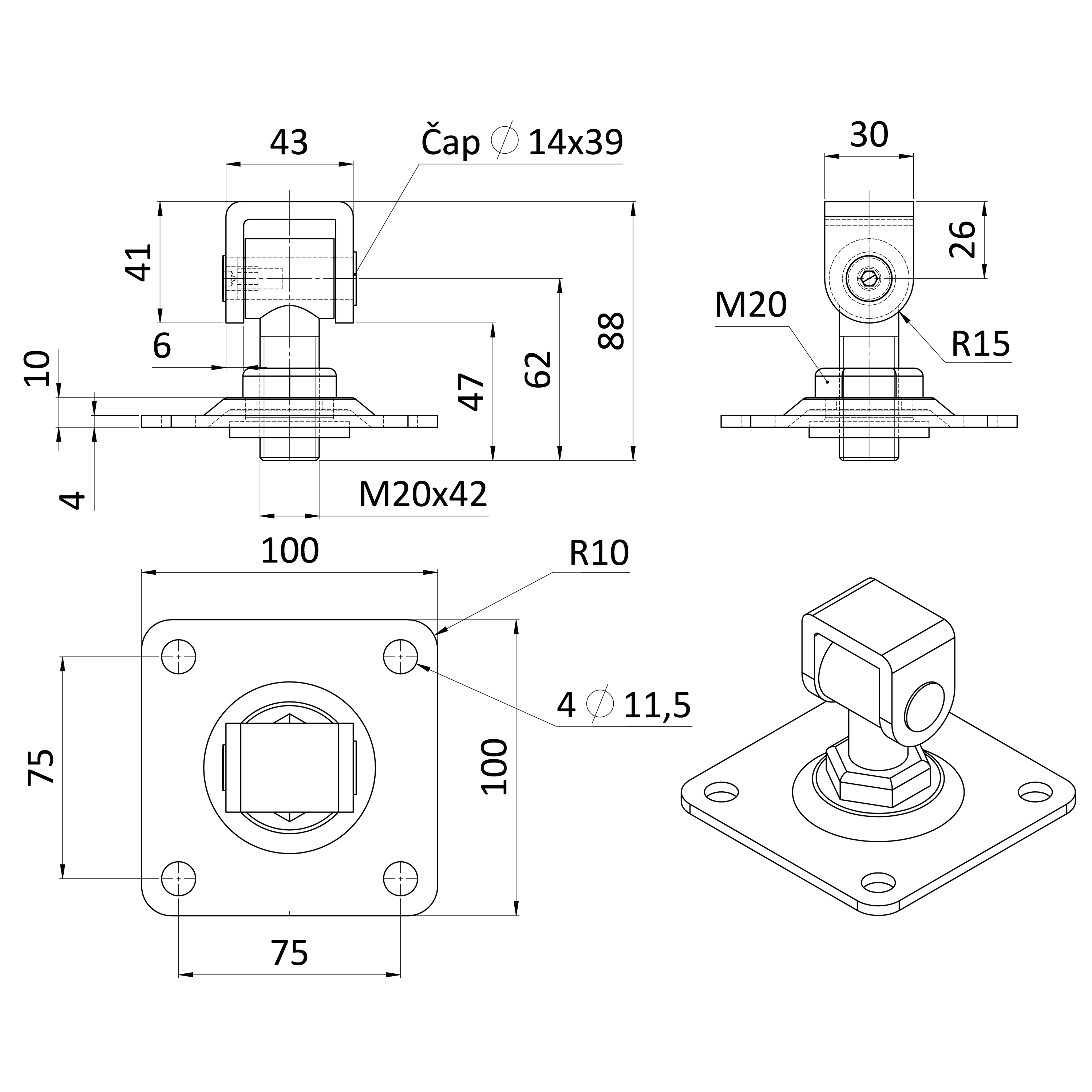 Záves M20 s platňou 100 x 100 mm, nastaviteľný 1D, pozink
