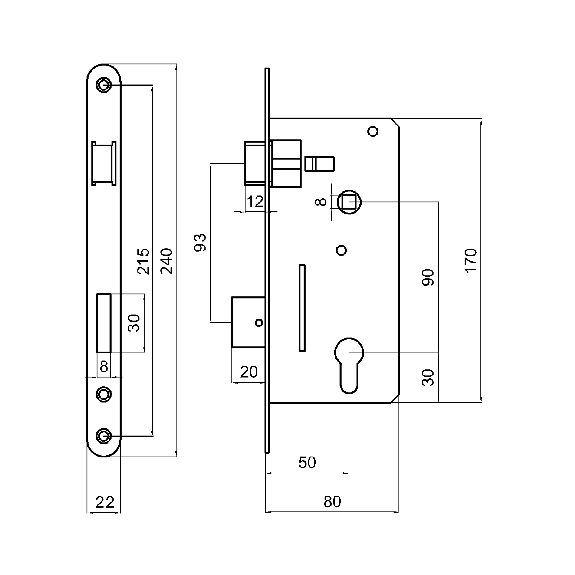 Zámok vložkový, zápust 80 mm, rozteč 90 mm
