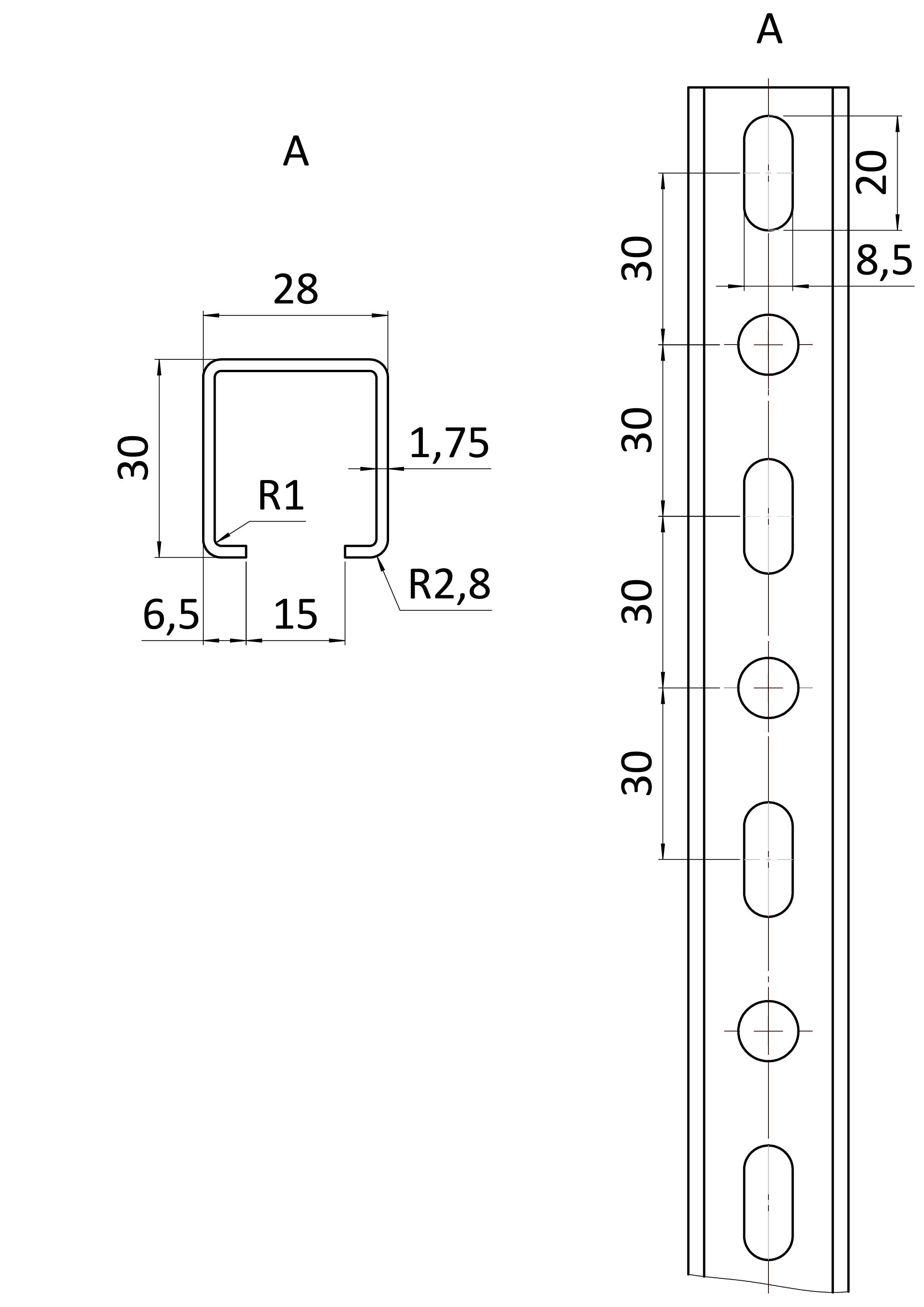 Dierovaný C profil, 28 x 30 x 1,75 x 3000 mm, pozinkovaný