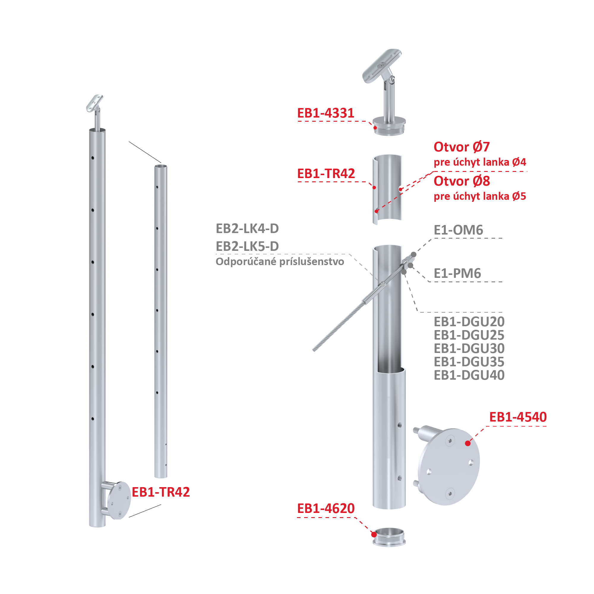 Nerezový stĺp, bočné kotvenie, 6-dierový, lanko, koncový Priemer otvoru