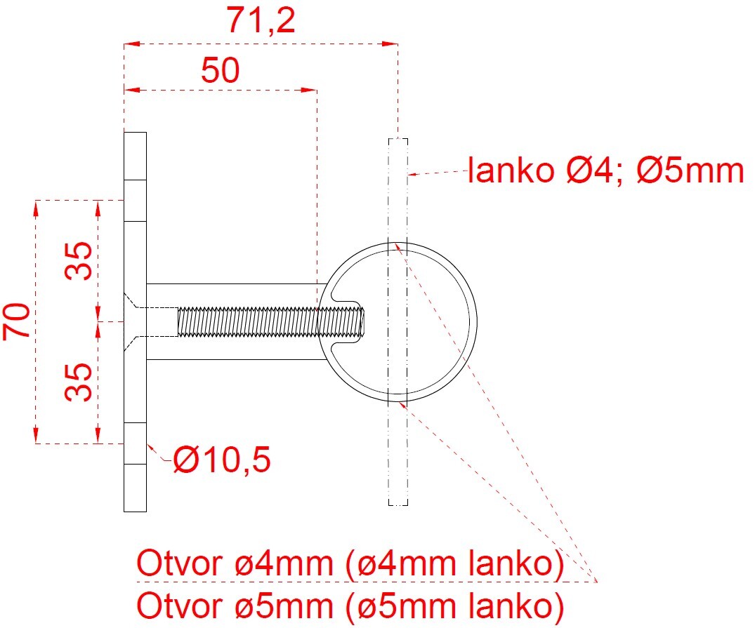 Nerezový stĺp, bočné kotvenie, 6-dierový, lanko, priechodný Priemer otvoru