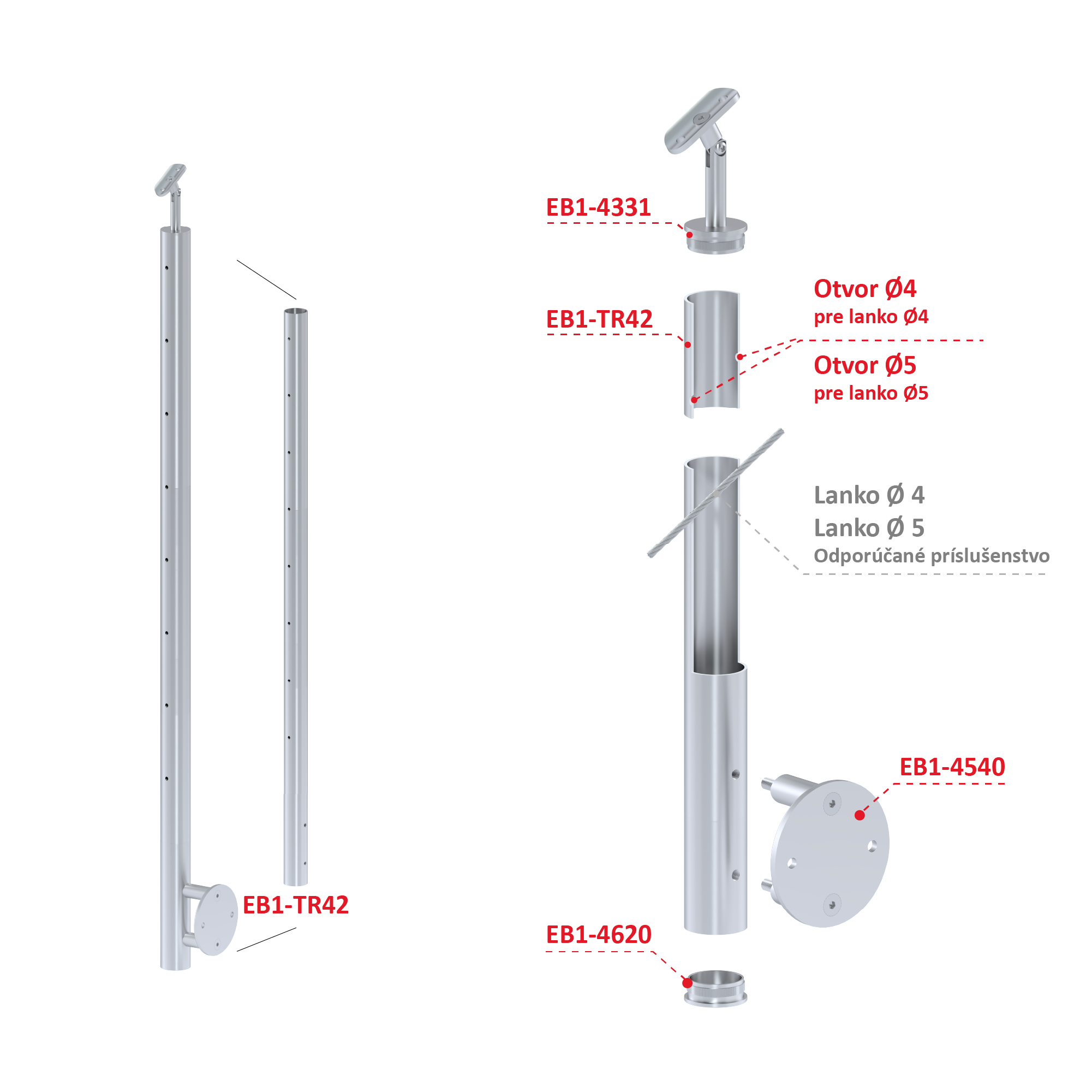 Nerezový stĺp, bočné kotvenie, 8-dierový, lanko, priechodný Priemer otvoru