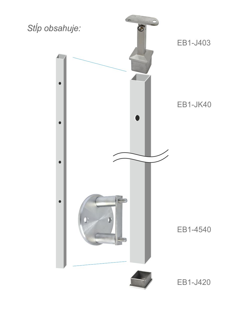 Nerezový stĺp, bočné kotvenie, 4-dierový koncový, pravý Priemer výplne