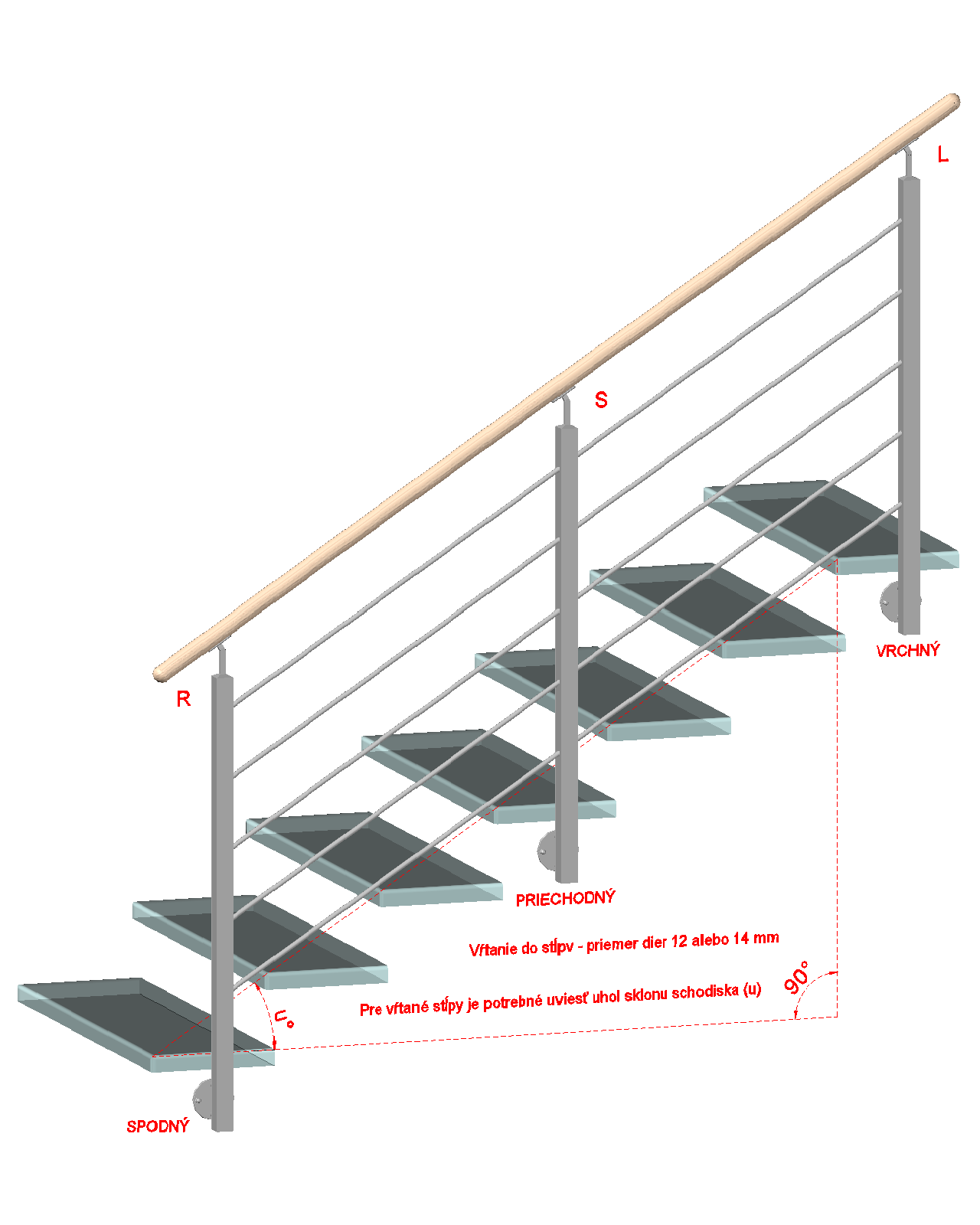 Nerezový stĺp, bočné kotvenie, 5-dierový koncový, pravý Uhol u°