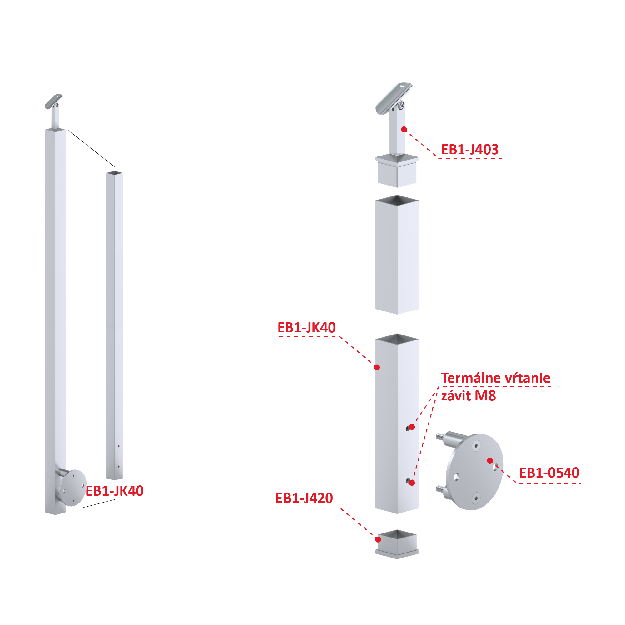 Nerezový stĺp, bočné kotvenie, bez výplne Rozmer A 1110