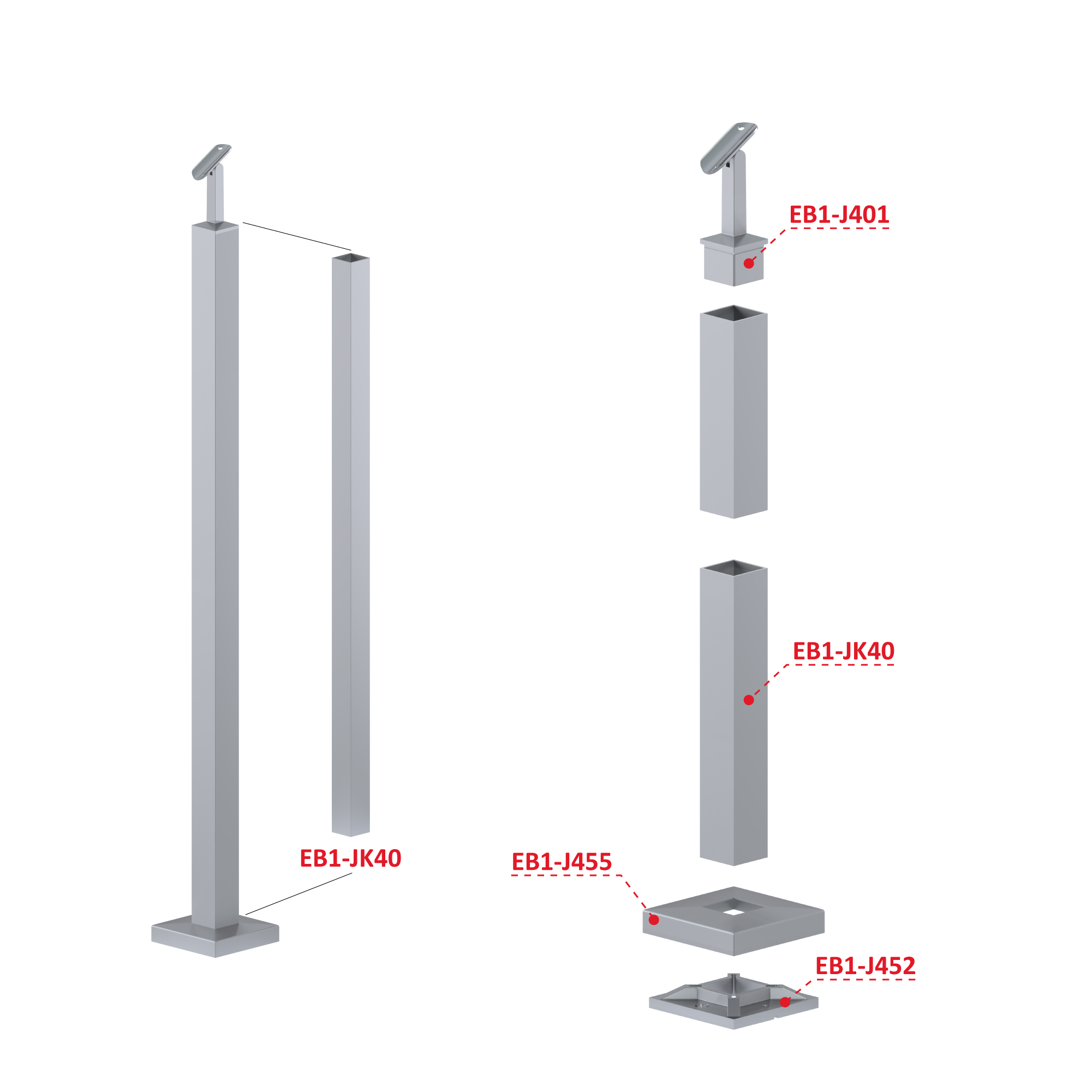 Nerezový stĺp, vrchné kotvenie, bez výplne Rozmer A 1060