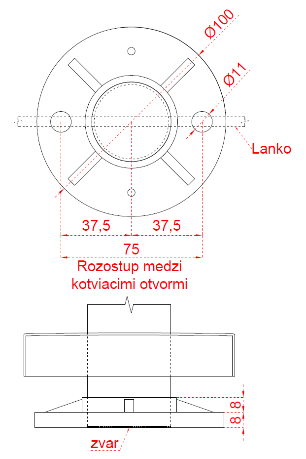 Nerezový stĺp, vrchné kotvenie, 6-dierový, lanko, priechodný Priemer otvoru