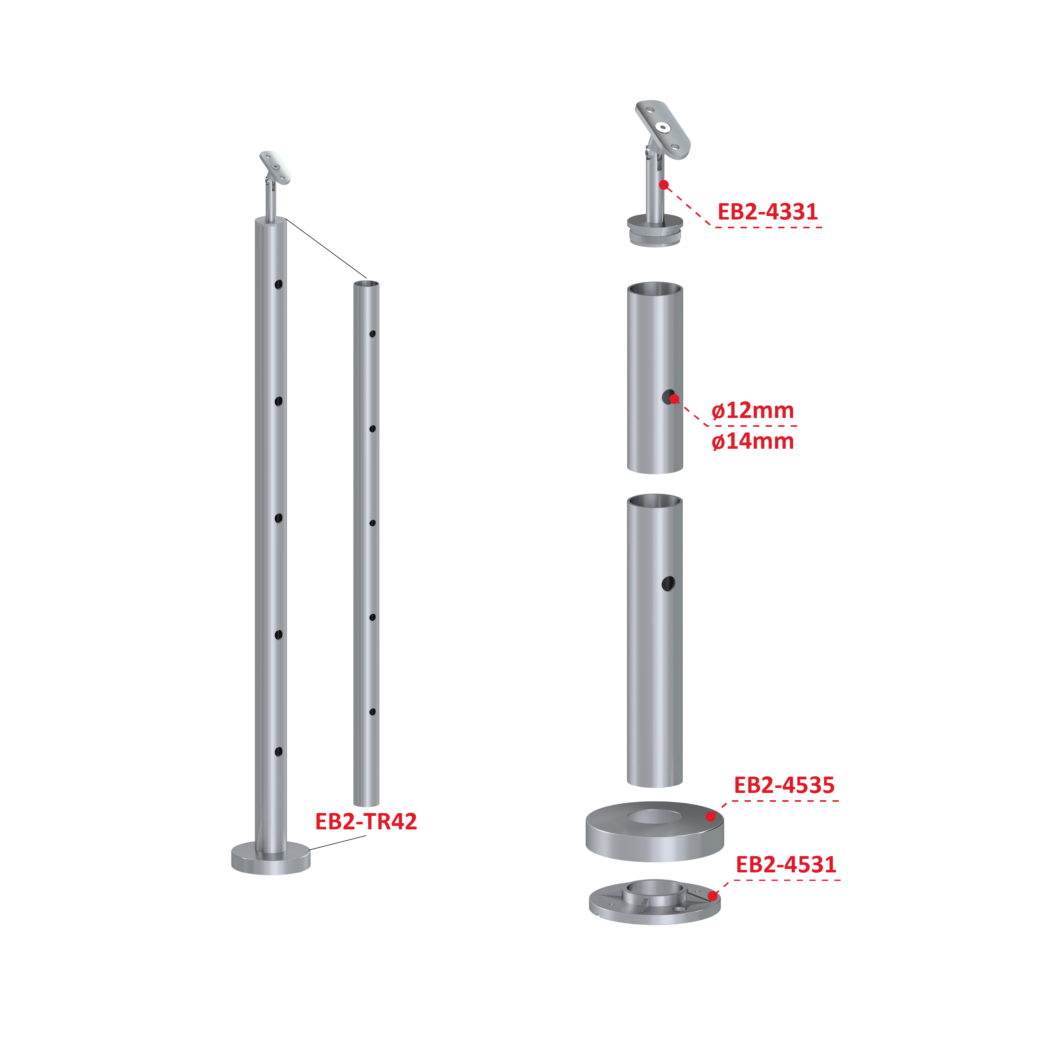 Nerezový stĺp, vrchné kotvenie, 5-dierový koncový Uhol u°