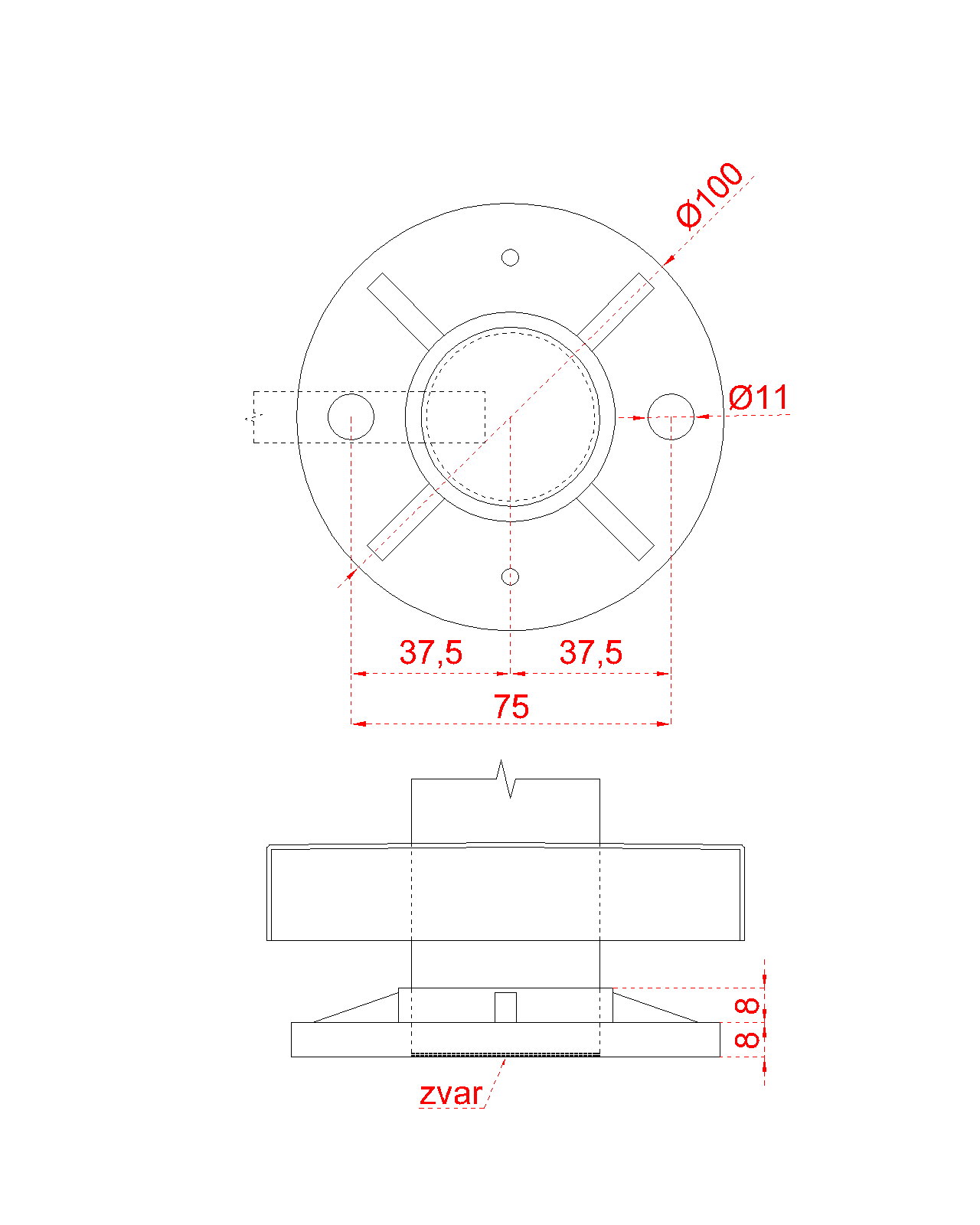 Nerezový stĺp, vrchné kotvenie, 5-dierový koncový Uhol u°