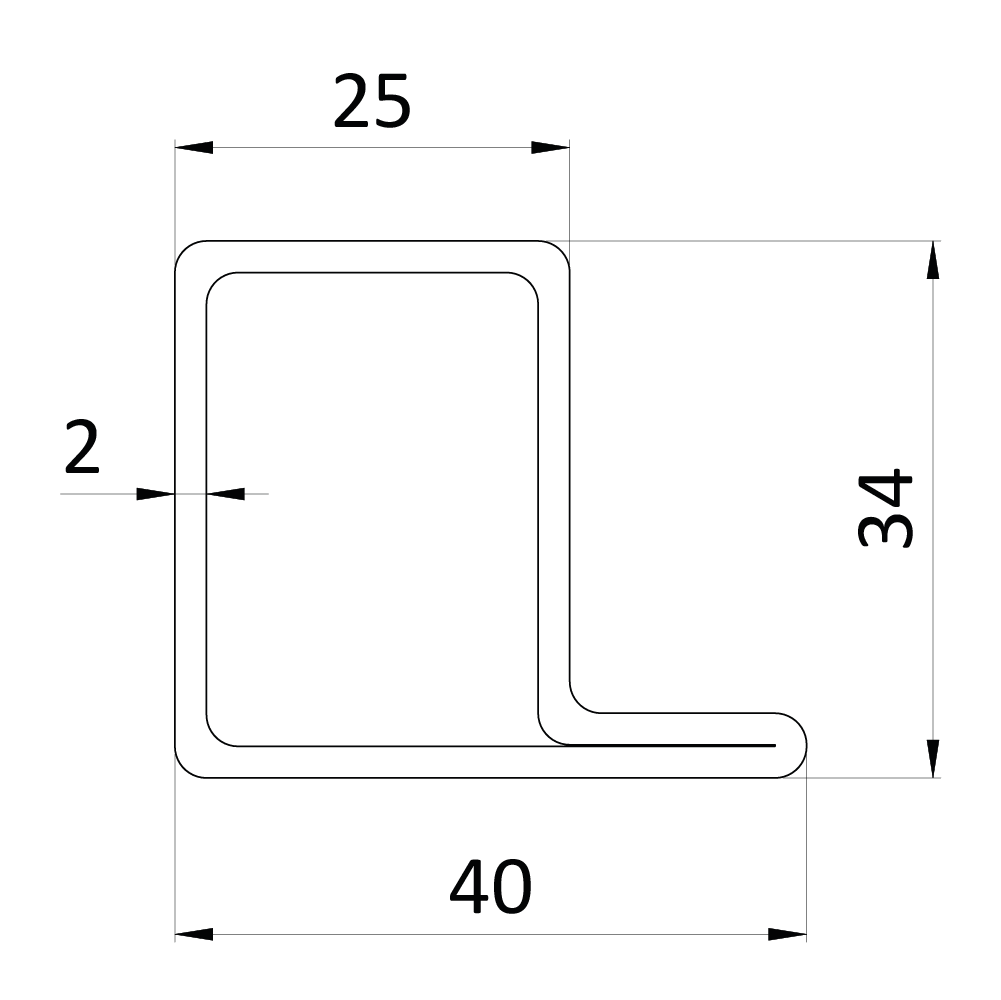 Uzavretý profil L 40 x 34 x 25 x 2 x 3000 mm, čierny S235