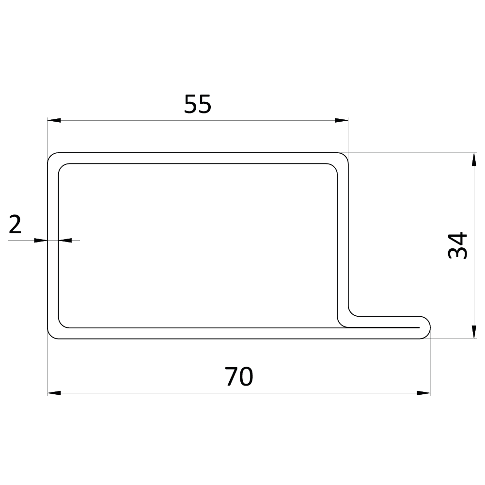 Uzavretý profil L 70 x 34 x 55 x 2 x 3000 mm, S235, hladký