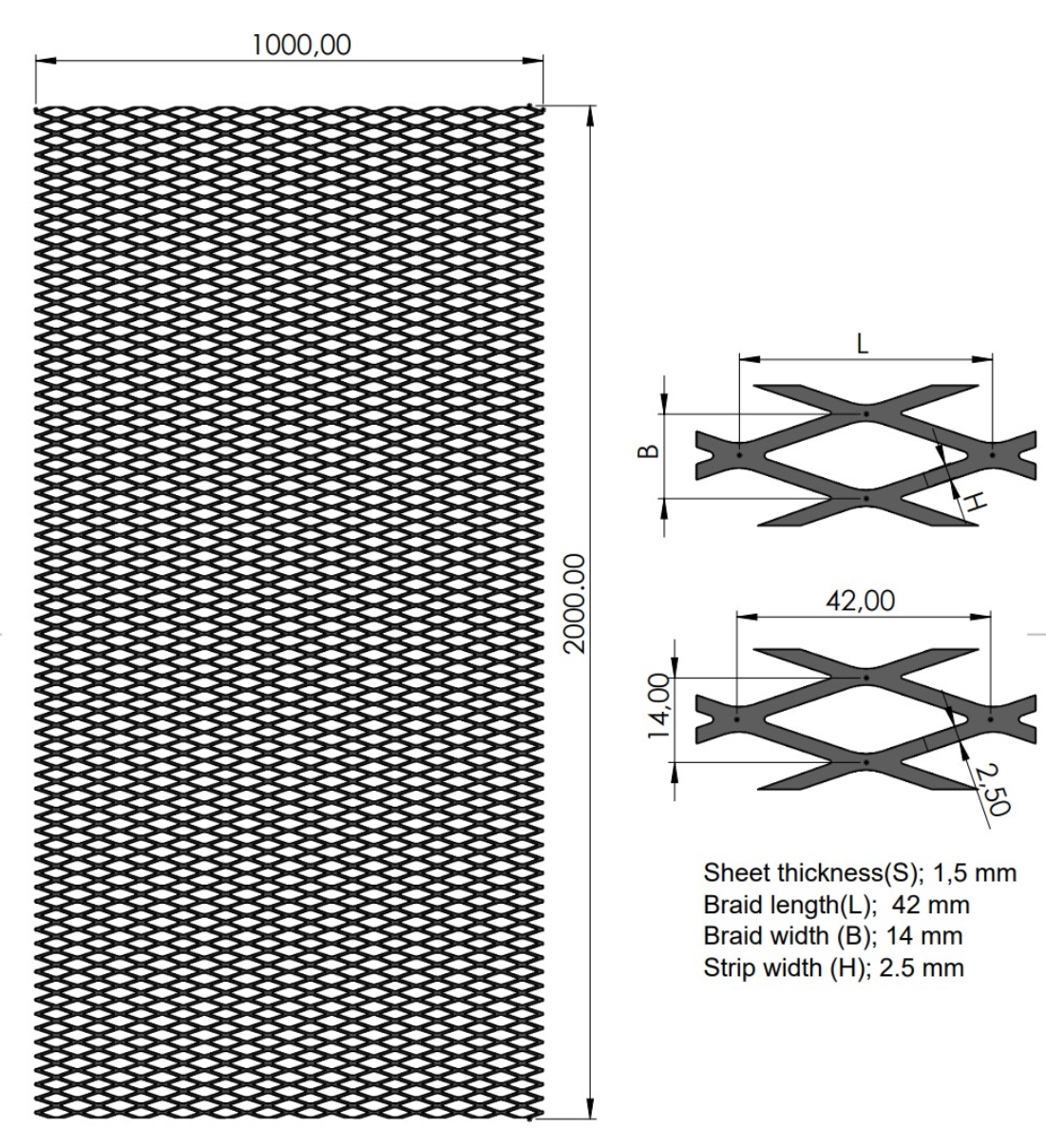 Ťahokov Fe 1000 x 2000 x 1,5 mm, oko 42 x 14 mm