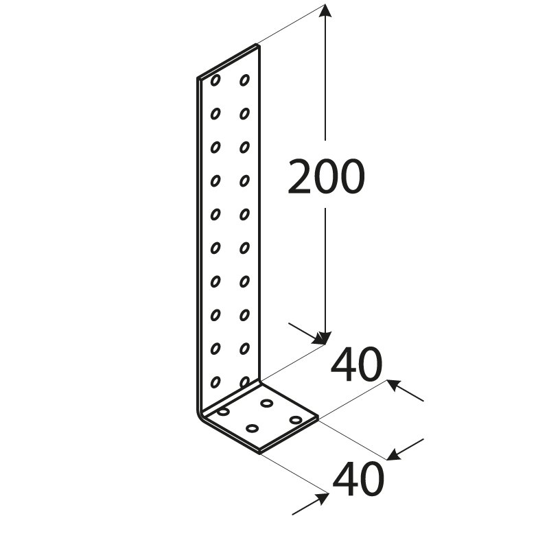 Uholník kotevný 200 x 40 x 40 x 2 mm, pozink, otvory ø 5 mm