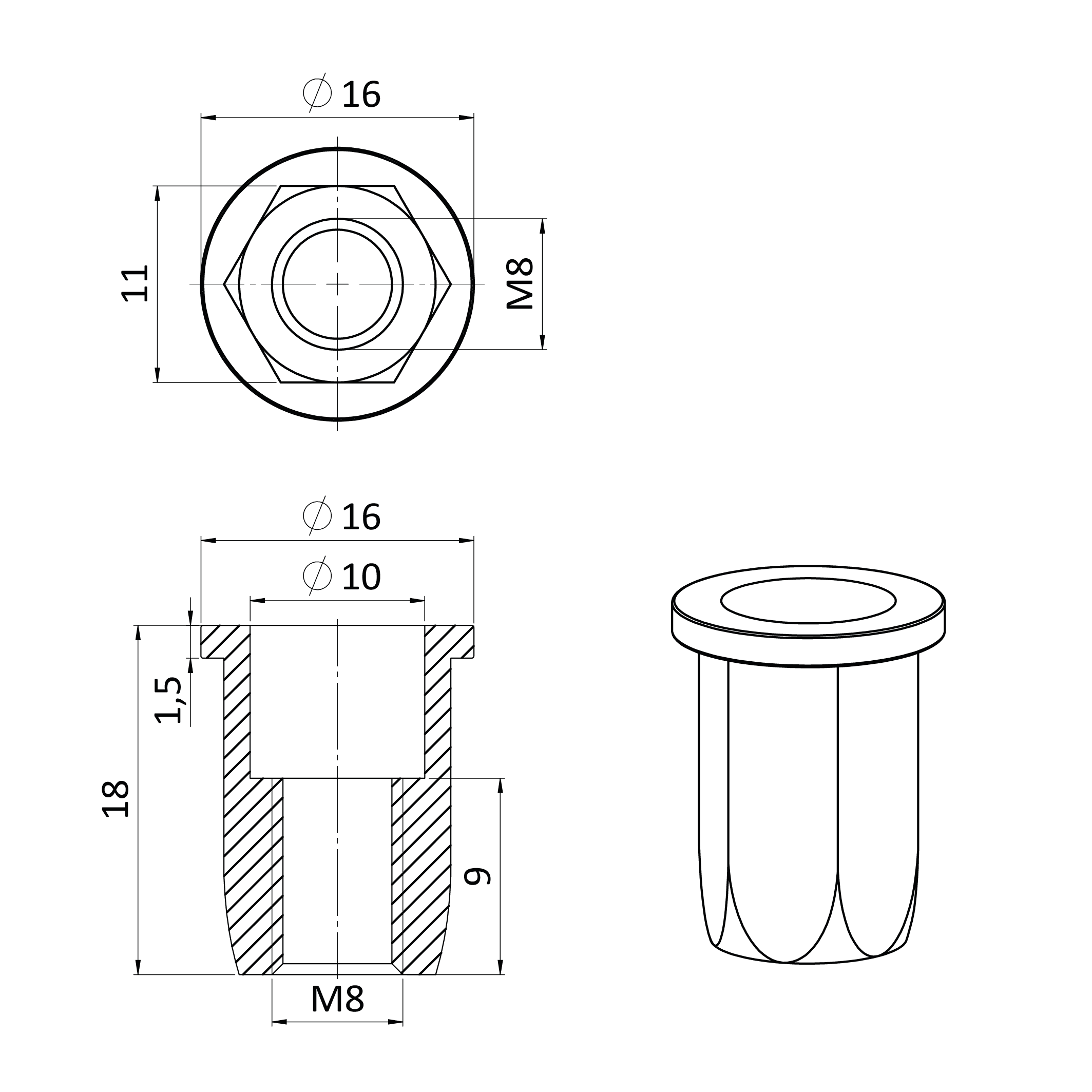 Nitovacia matica M8, plochá hlava, hex, L = 17 mm, nerez