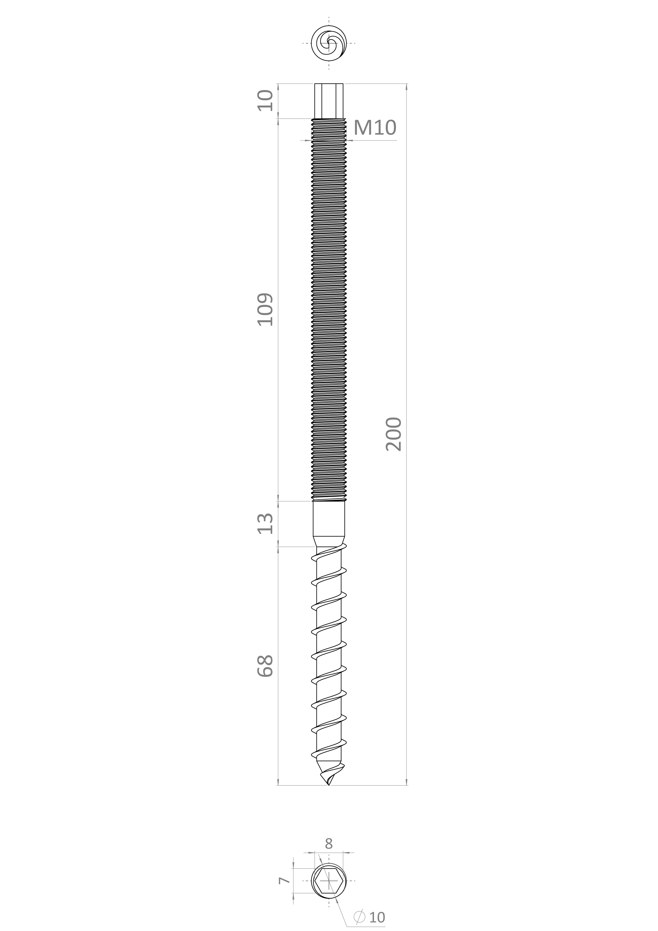 Závitový vrut 10 x 200 mm samorezný/metrický závit, AISI 304
