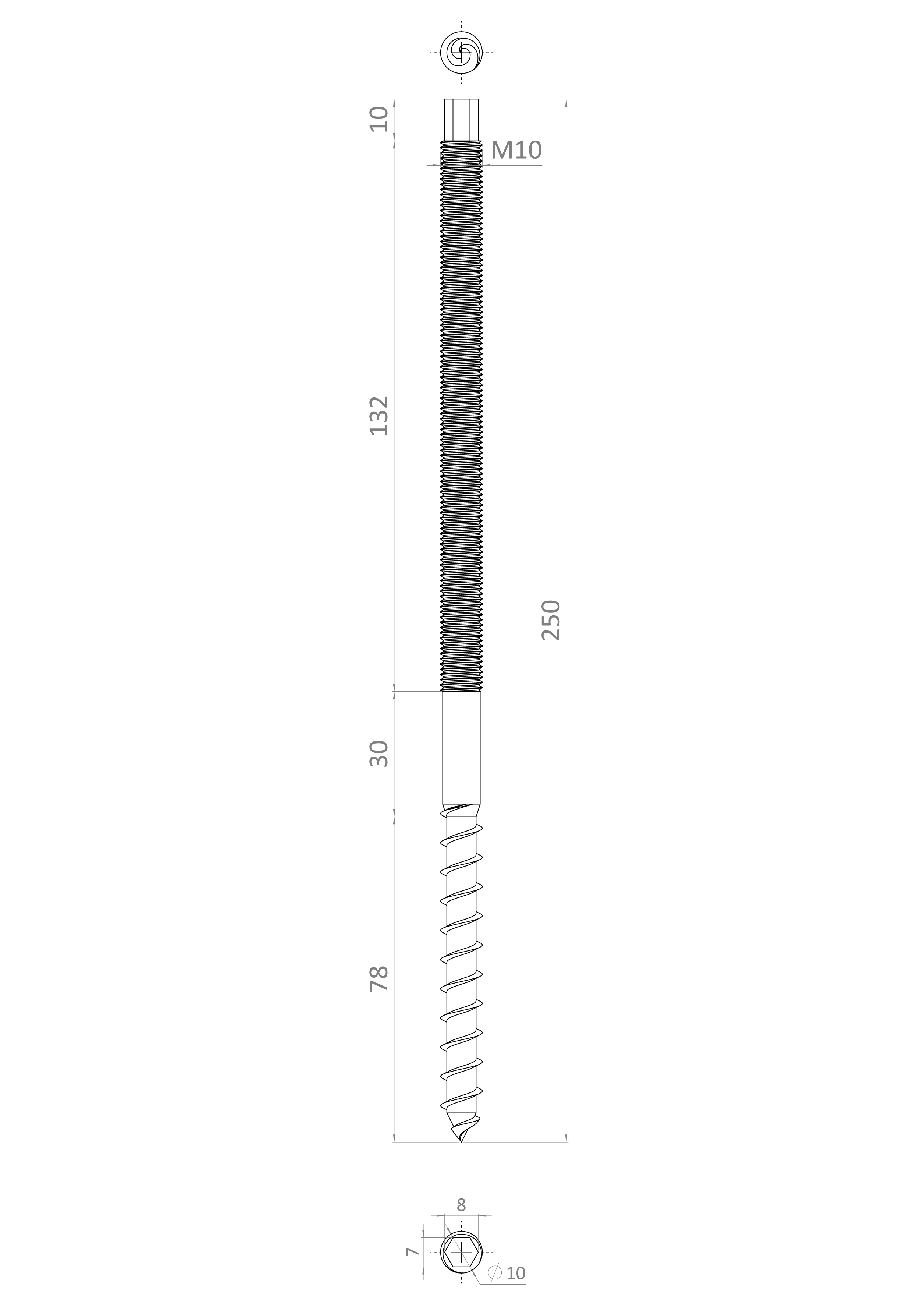 Závitový vrut 10 x 250 mm samorezný/metrický závit, AISI 304