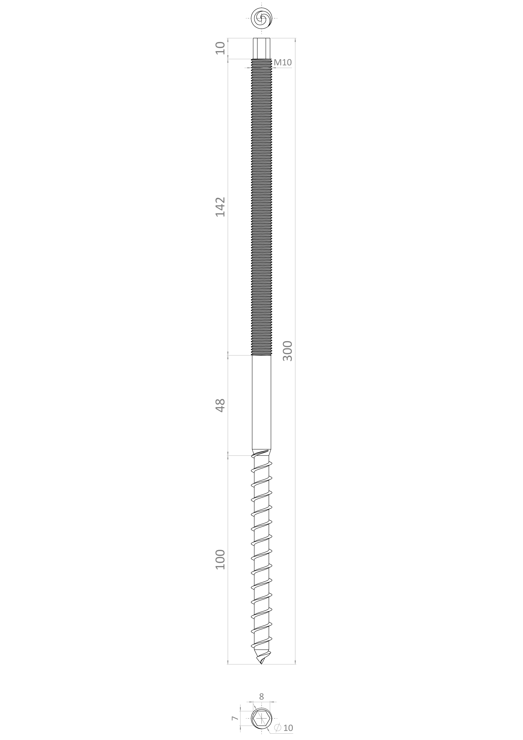 Závitový vrut 10 x 300 mm samorezný/metrický závit, AISI 304
