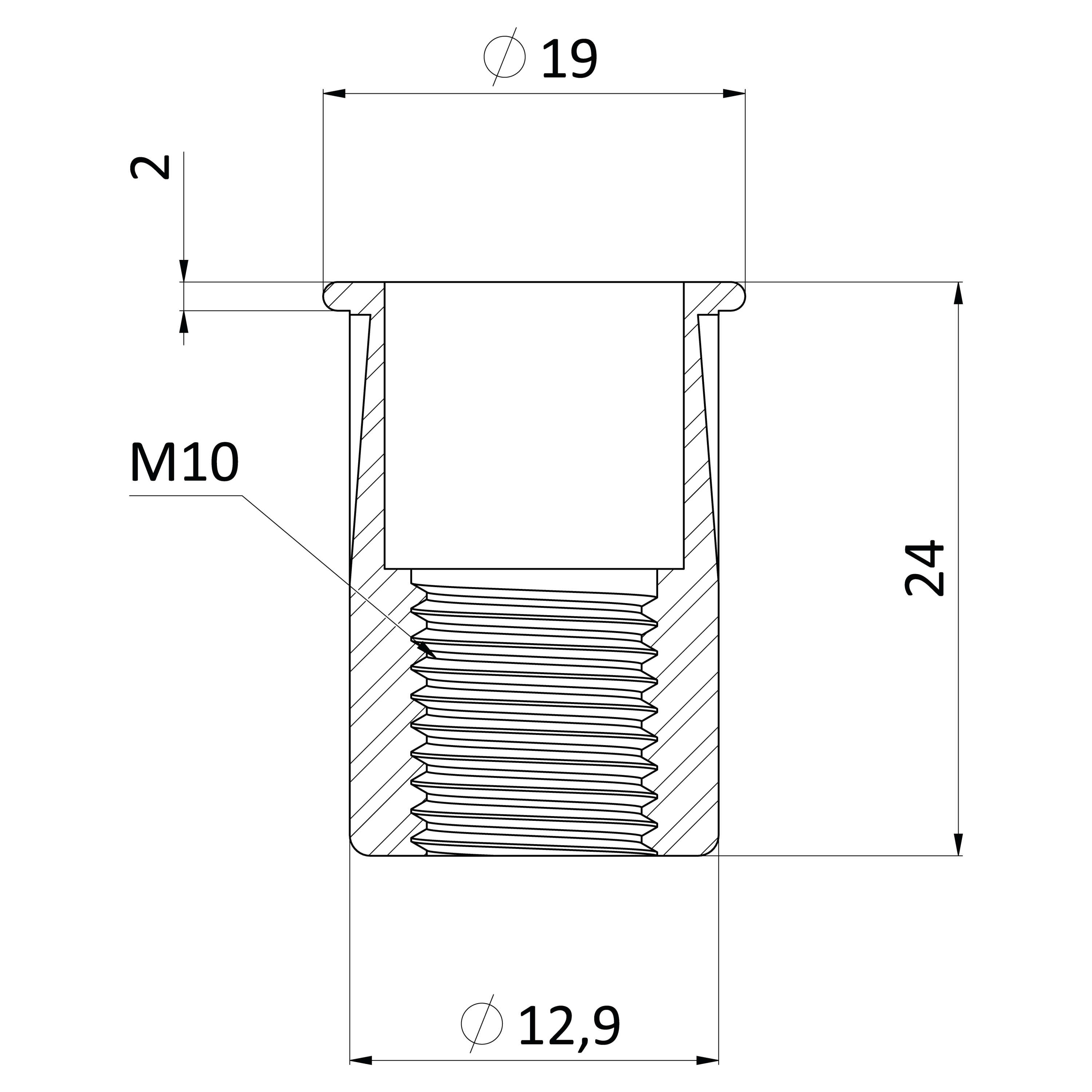 AISI 304 nitovacia matica M10, rýhovaný driek, L = 19 mm