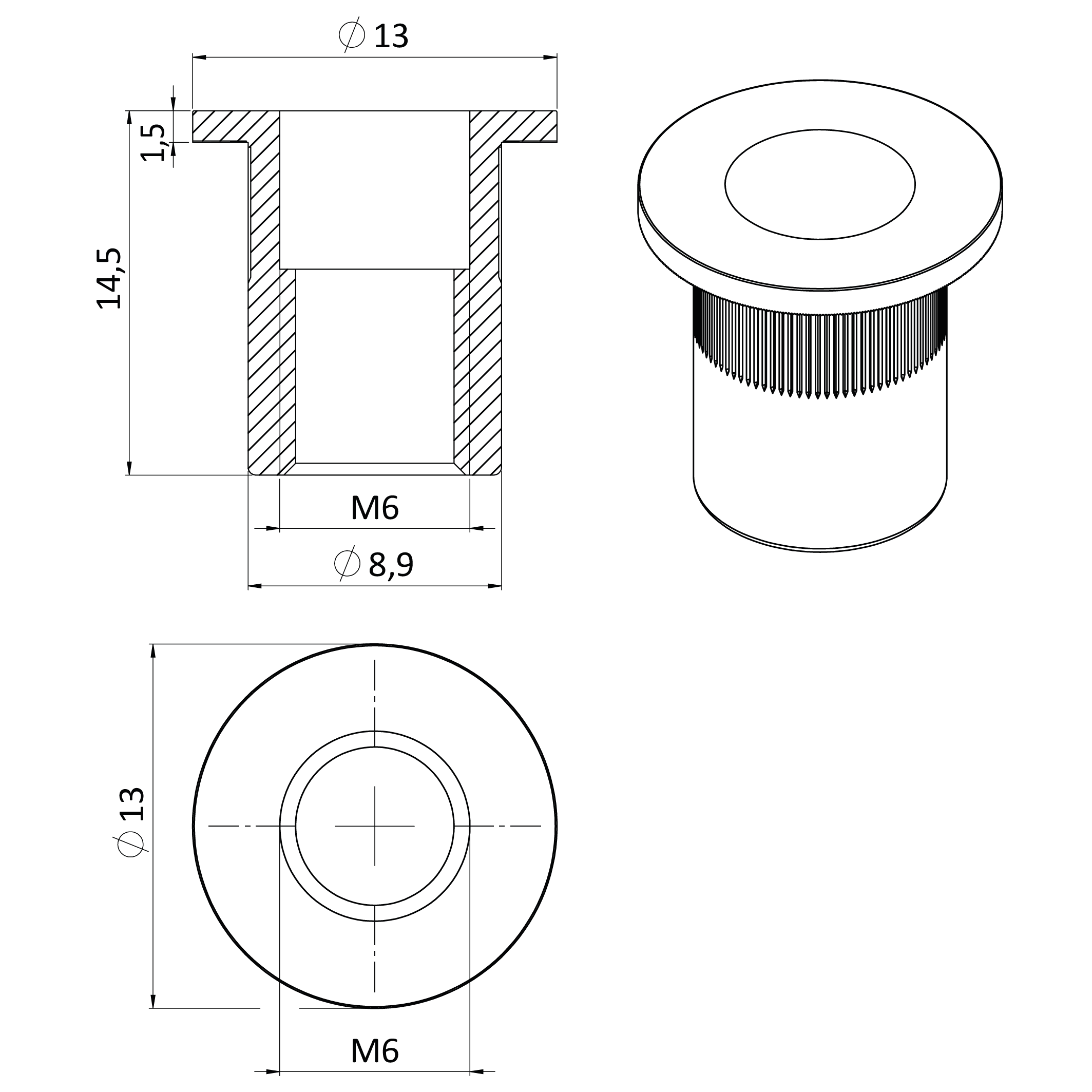 AISI 304 nitovacia matica M6, rýhovaný driek, L = 13 mm