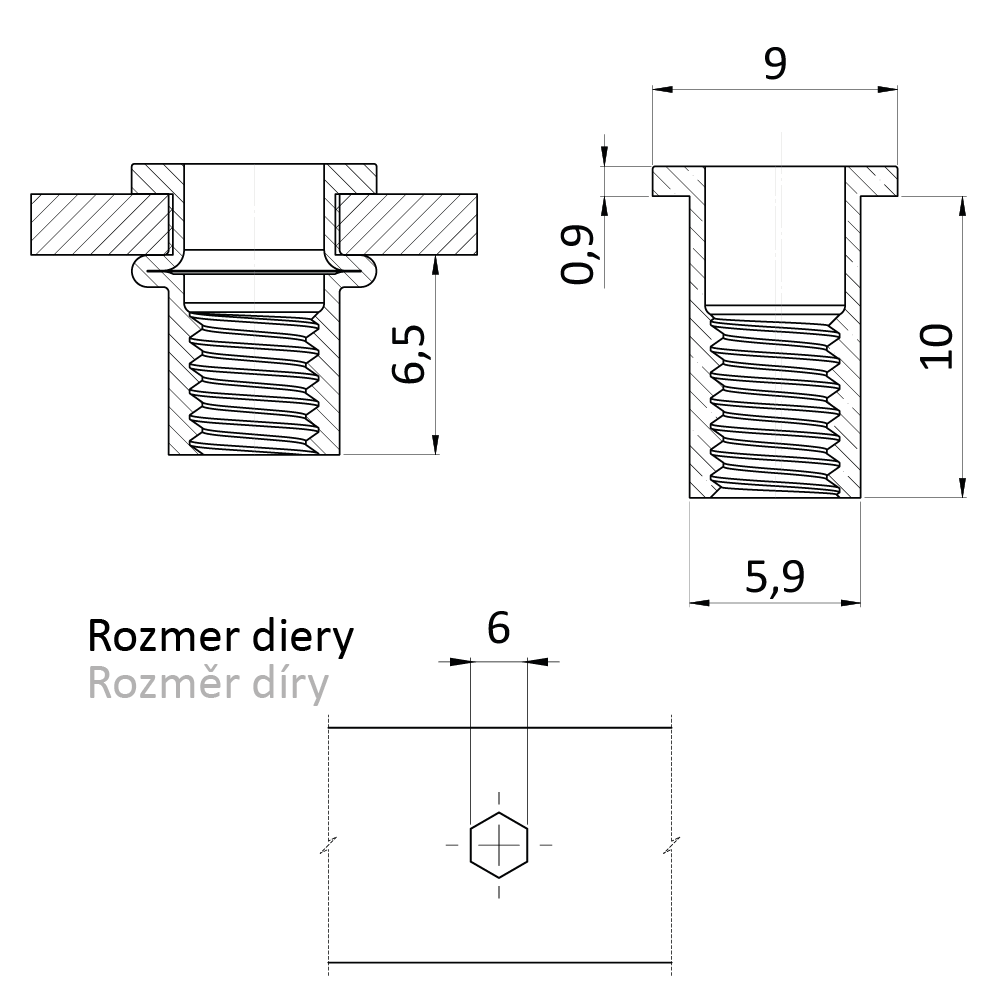 Nitovacia matica M4, plochá hlava, hex, L = 10 mm