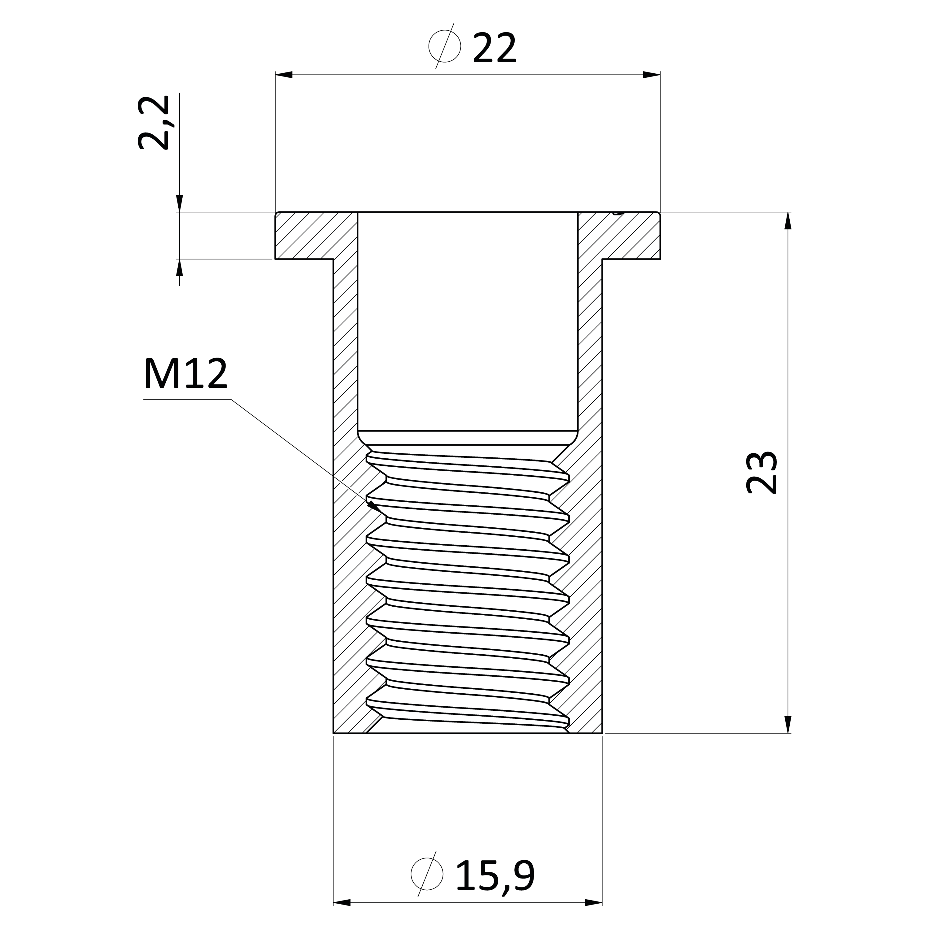 Nitovacia matica M12, plochá hlava, VZ, L = 23 mm