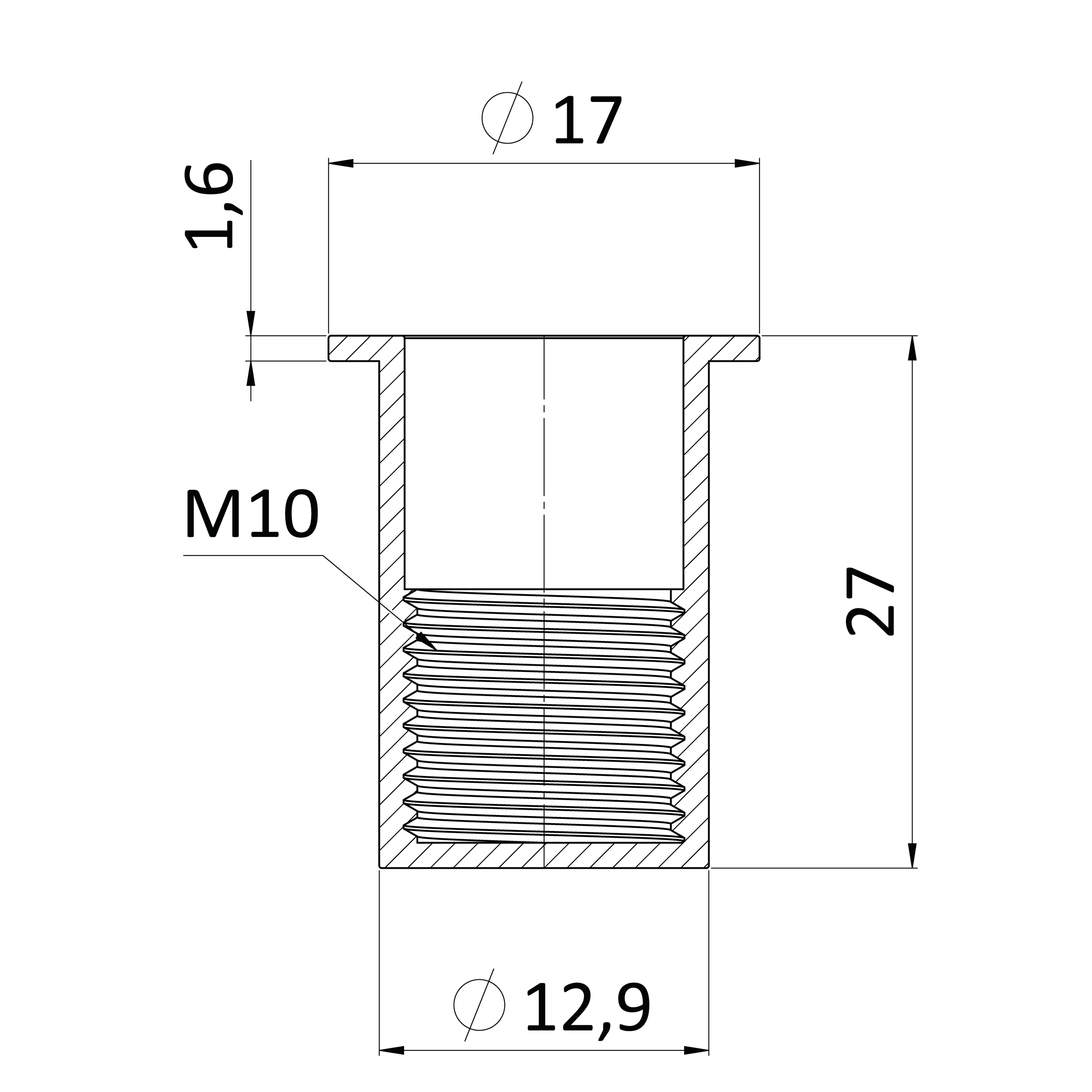 Nitovacia matica M10 plochá hlava, uzavretá, L = 27 mm