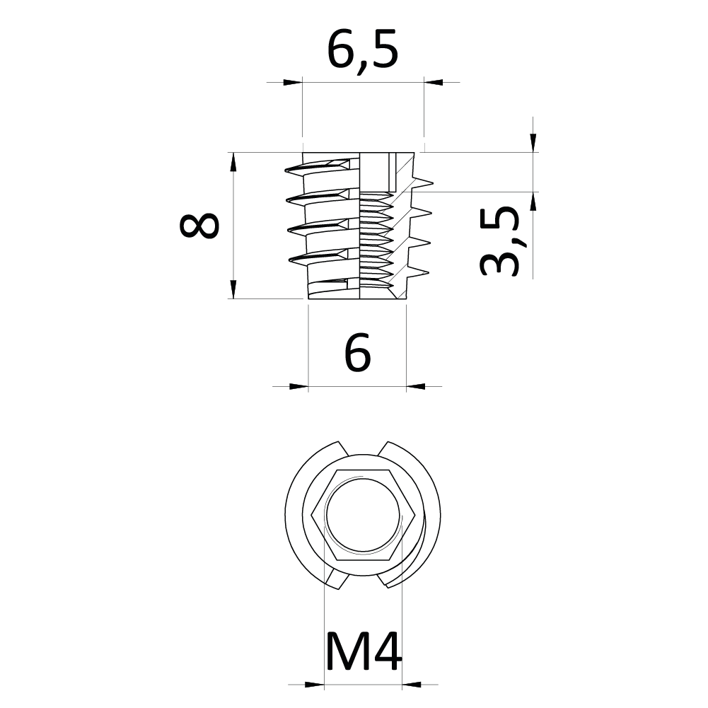 Závrtná matica M4 x 8 mm, imbus šesťhranom, pozink