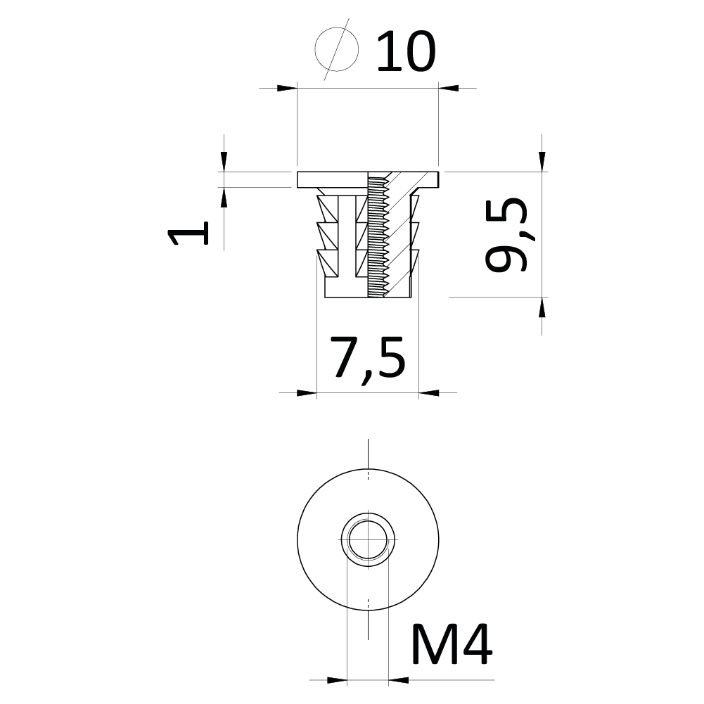 Narážacia matica do dreva M4 x 9,4 mm, zinková zliatina