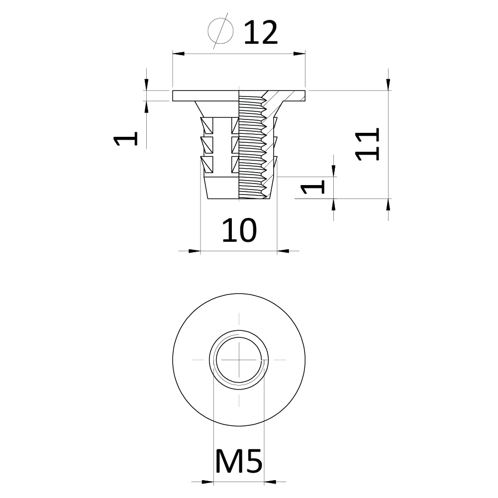 Narážacia matica do dreva M5 x 11 mm, zinková zliatina