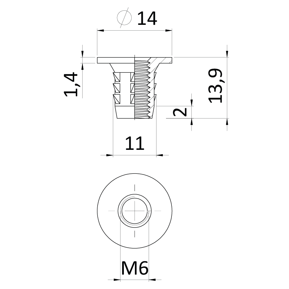 Narážacia matica do dreva M6 x 13,9 mm, zinková zliatina