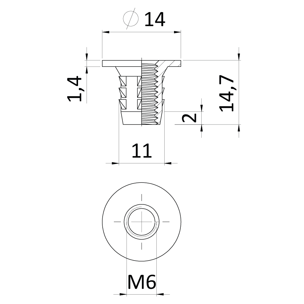Narážacia matica do dreva M6 x 14,7 mm, zinková zliatina