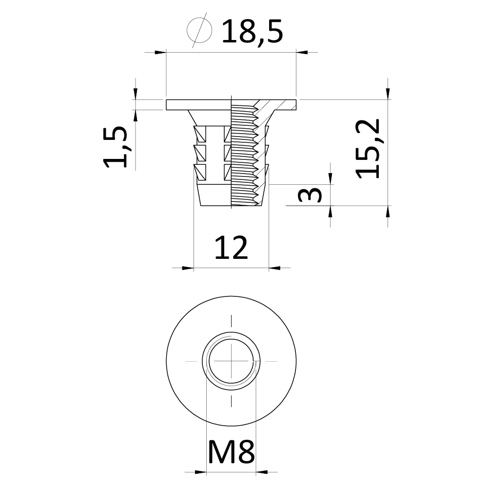 Narážacia matica do dreva M8 x 15,2 mm, zinková zliatina