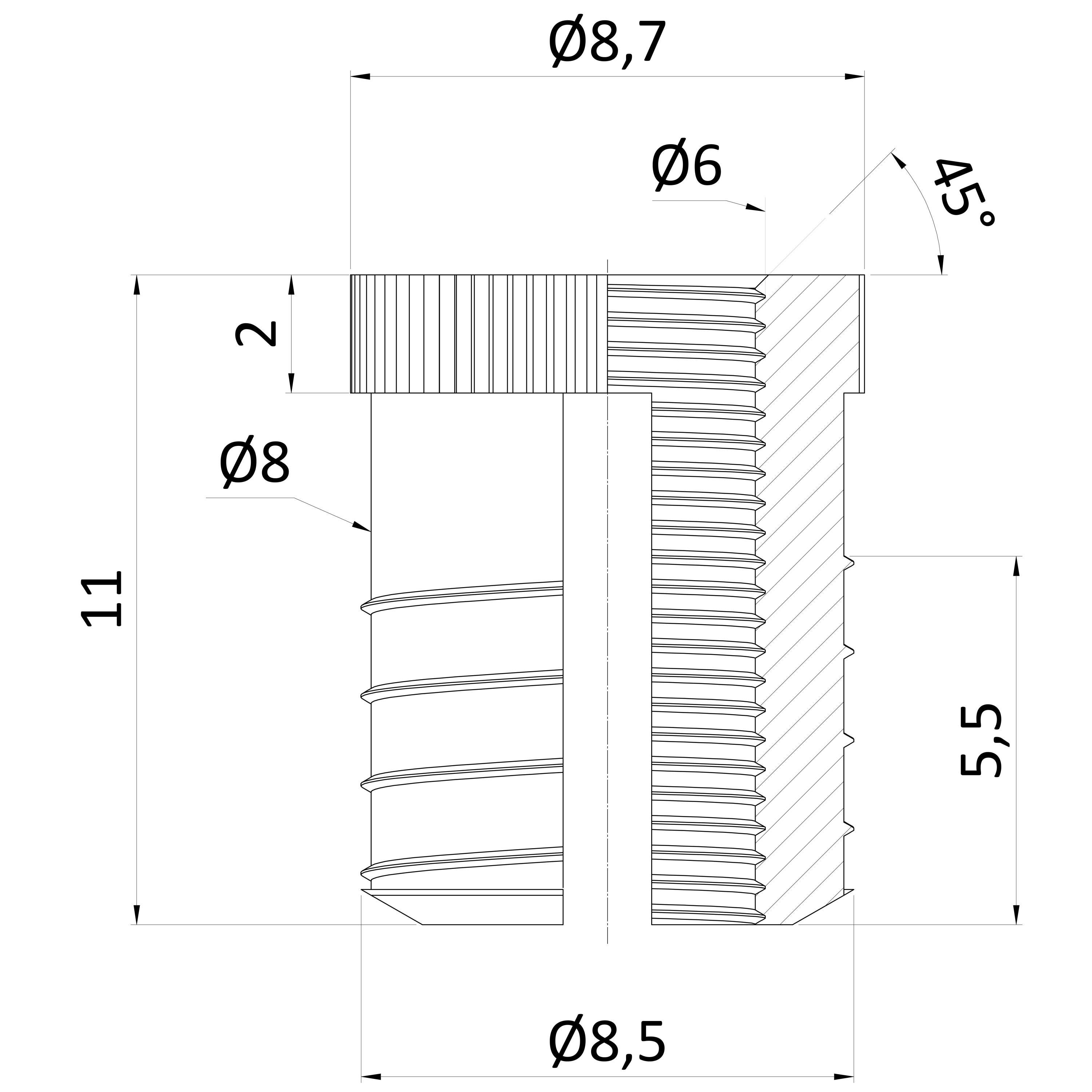 Závitová vložka M6 x 11 mm pre dilatačné kotvenie do plastov