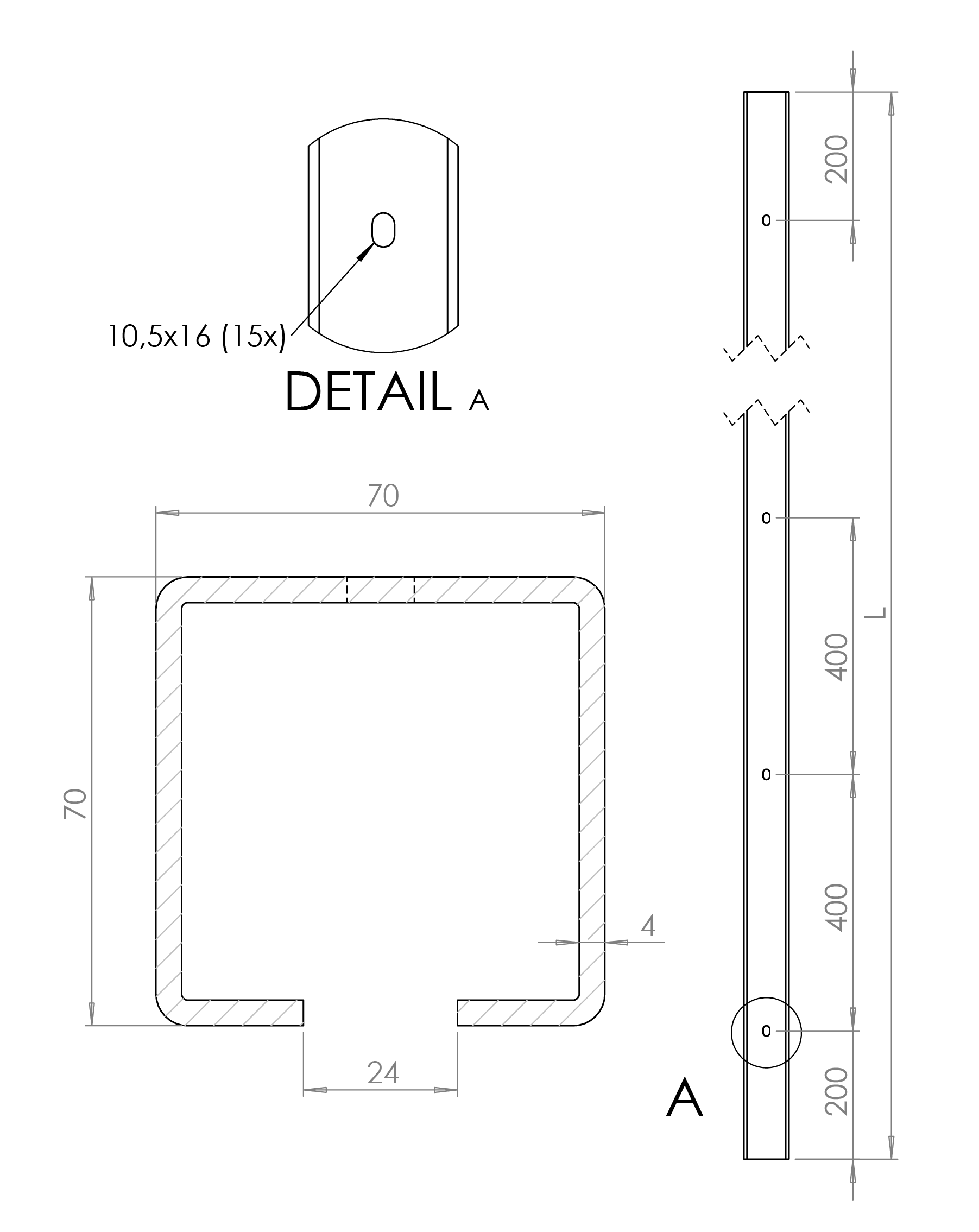 C profil 70 x 70 x 4 x 7000 mm s otvormi, pozinkovaný