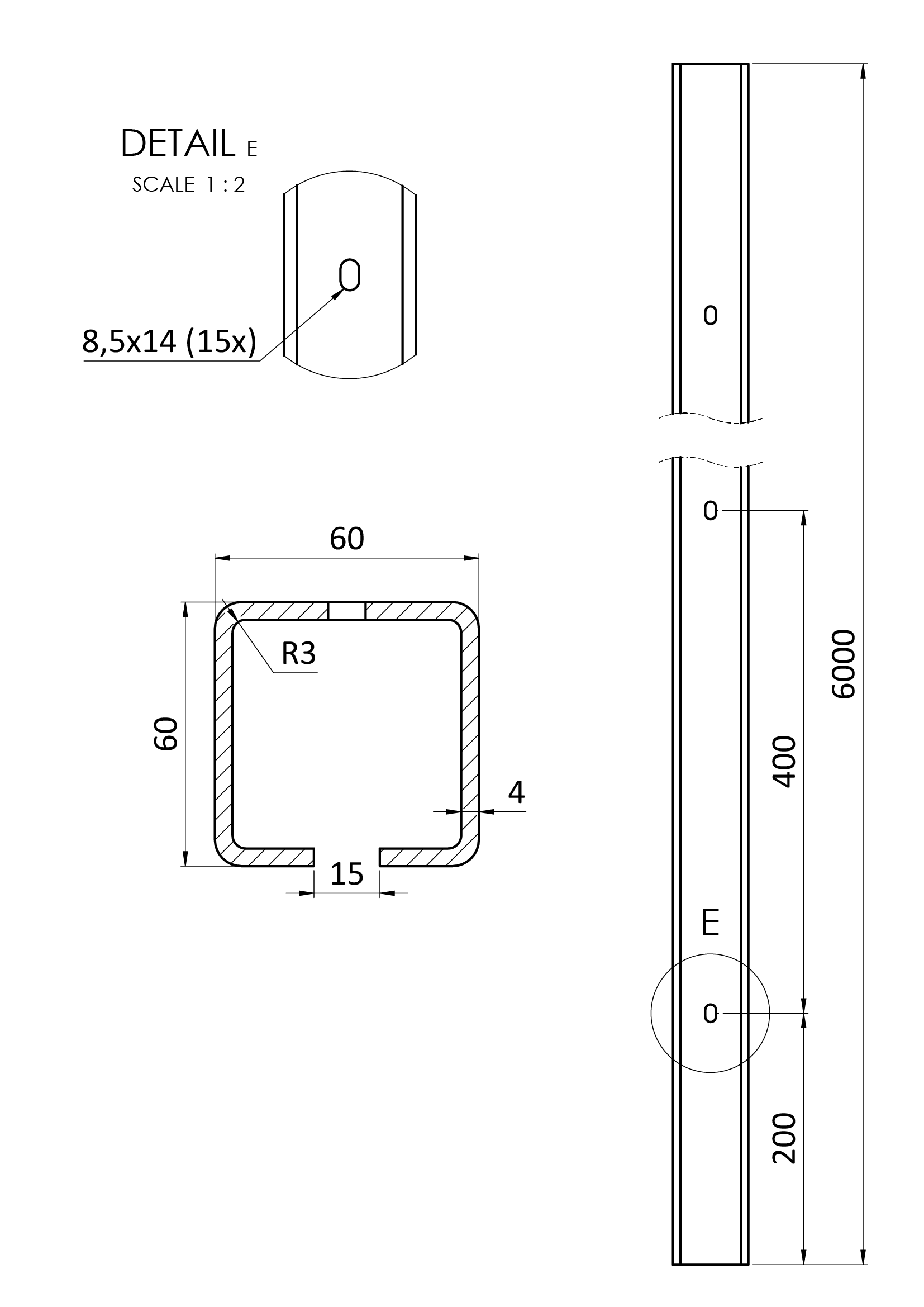 C profil 60 x 60 x 4 x 3000 mm s otvormi, pozinkovaný