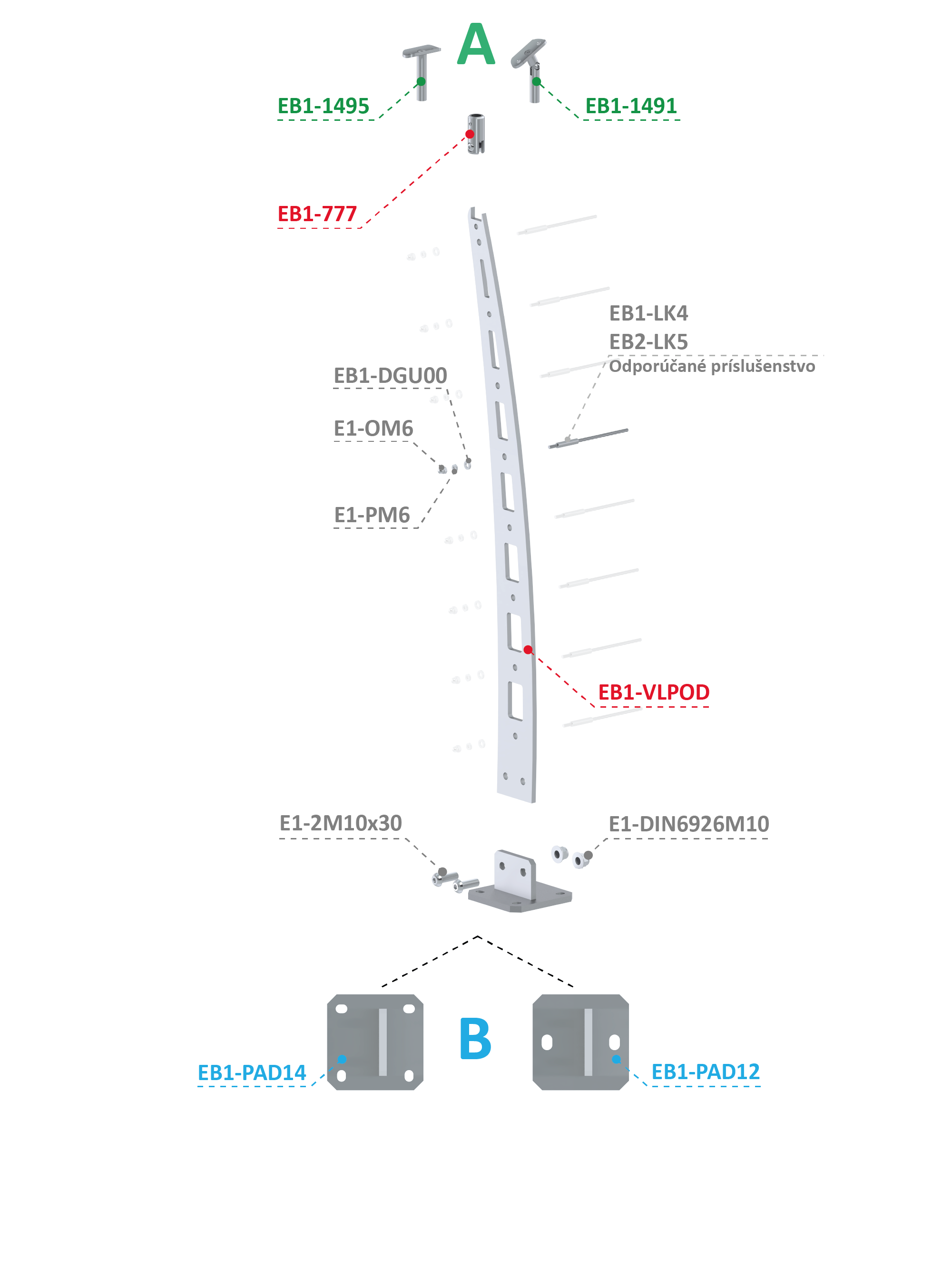Nerezový vypaľovaný stĺp, vrchné kotvenie, 8-dierový Varianta príruby