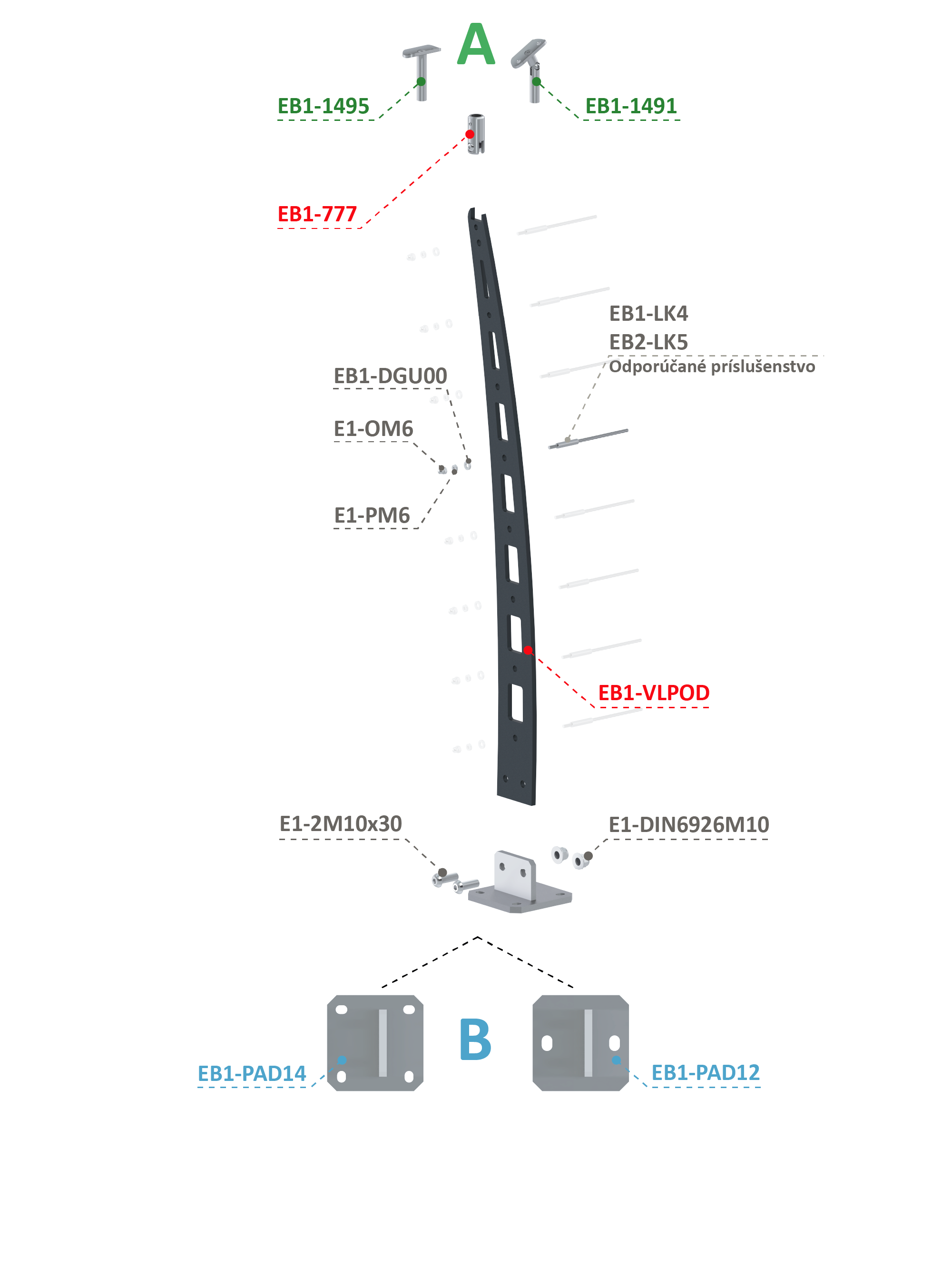 Kombinovaný Fe vypaľovaný stĺp, vrchné kotvenie, 8-dierový Varianta Držiaku