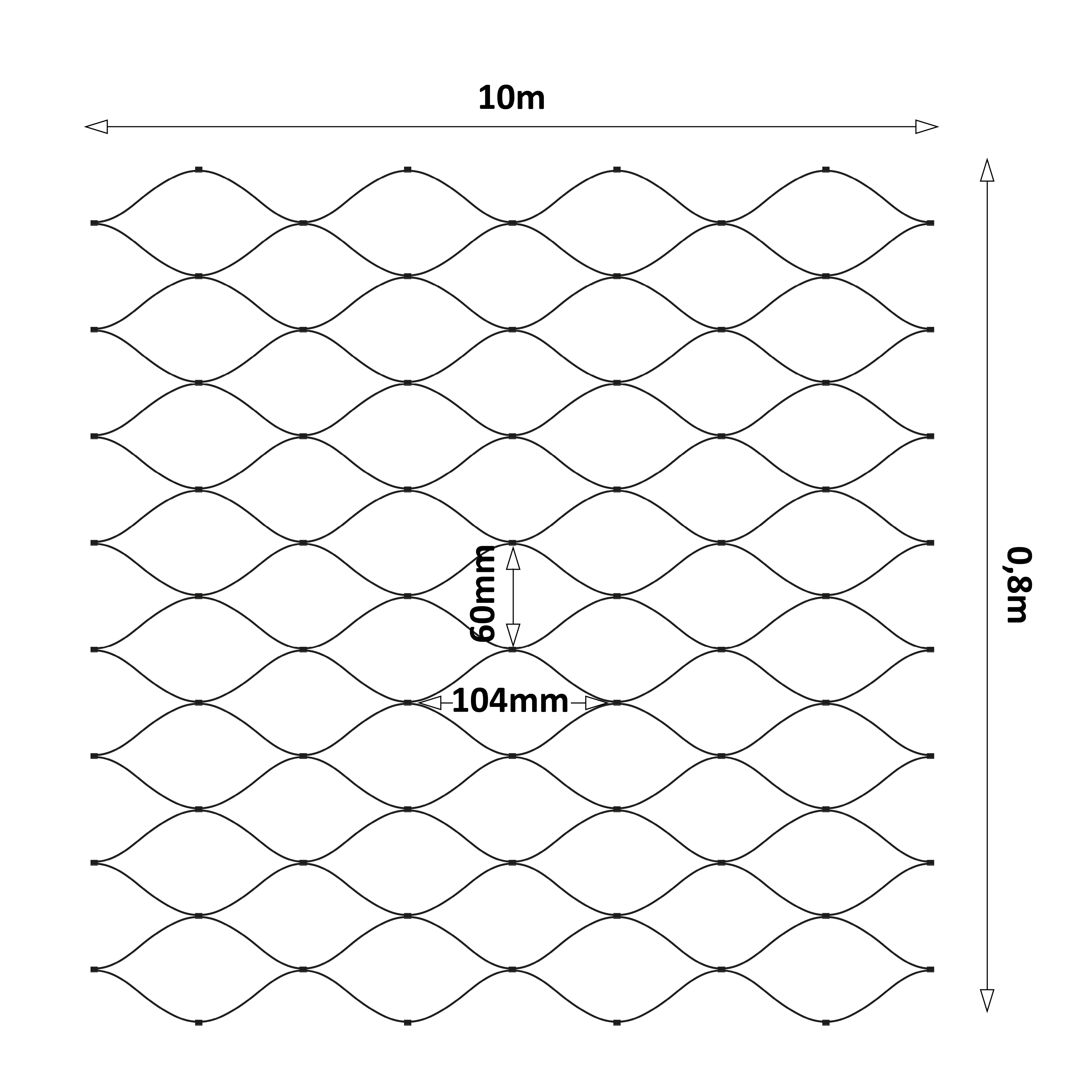 Čierna lanková sieť, 0,8 x 10 m, oko 60 x 104 mm, ø 2 mm, AISI 304