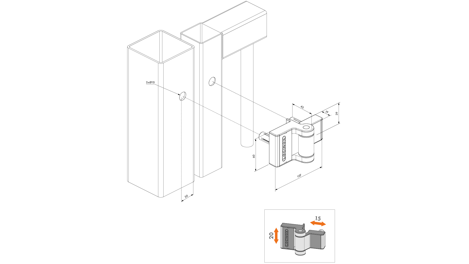 Záves pre krídlové bránky do 60 kg/1 m, do 180°, RAL 9005