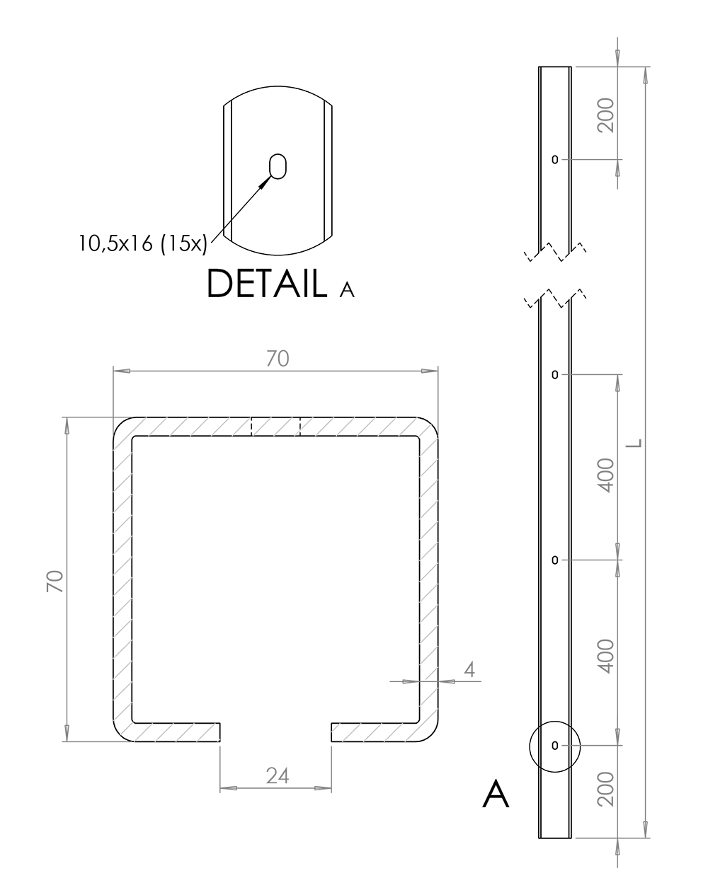 Samonos do 300 kg, dierovaný profil 70 x 70 x 6000 mm, Zn