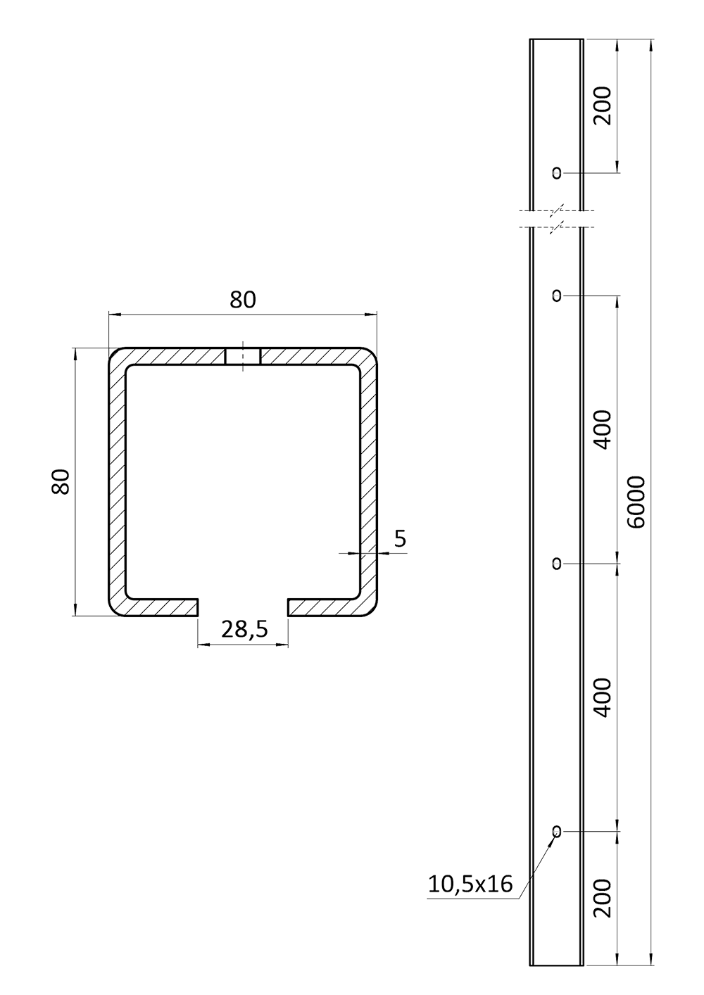 Samonos do 550 kg, dierovaný profil 80 x 80 x 6000 mm, Zn