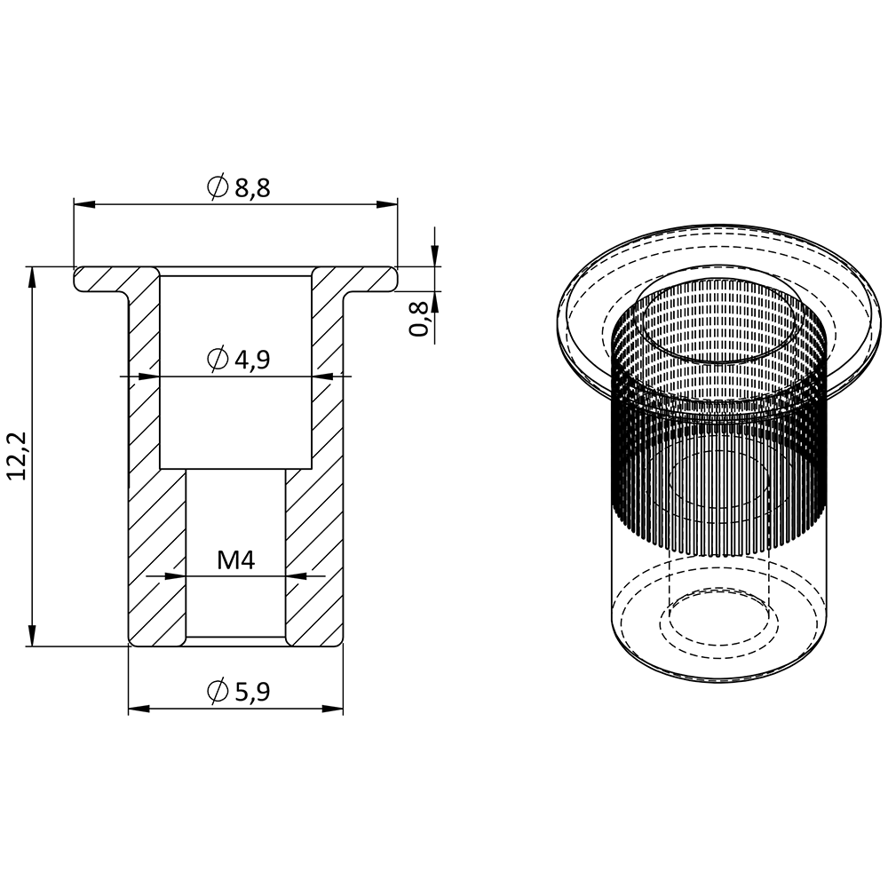 AISI 304 nitovacia matica M4, rýhovaný driek, L = 12,2 mm