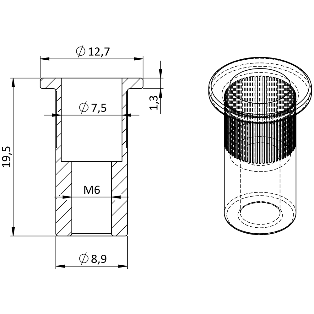 AISI 304 nitovacia matica M6, rýhovaný driek, L = 19,5 mm